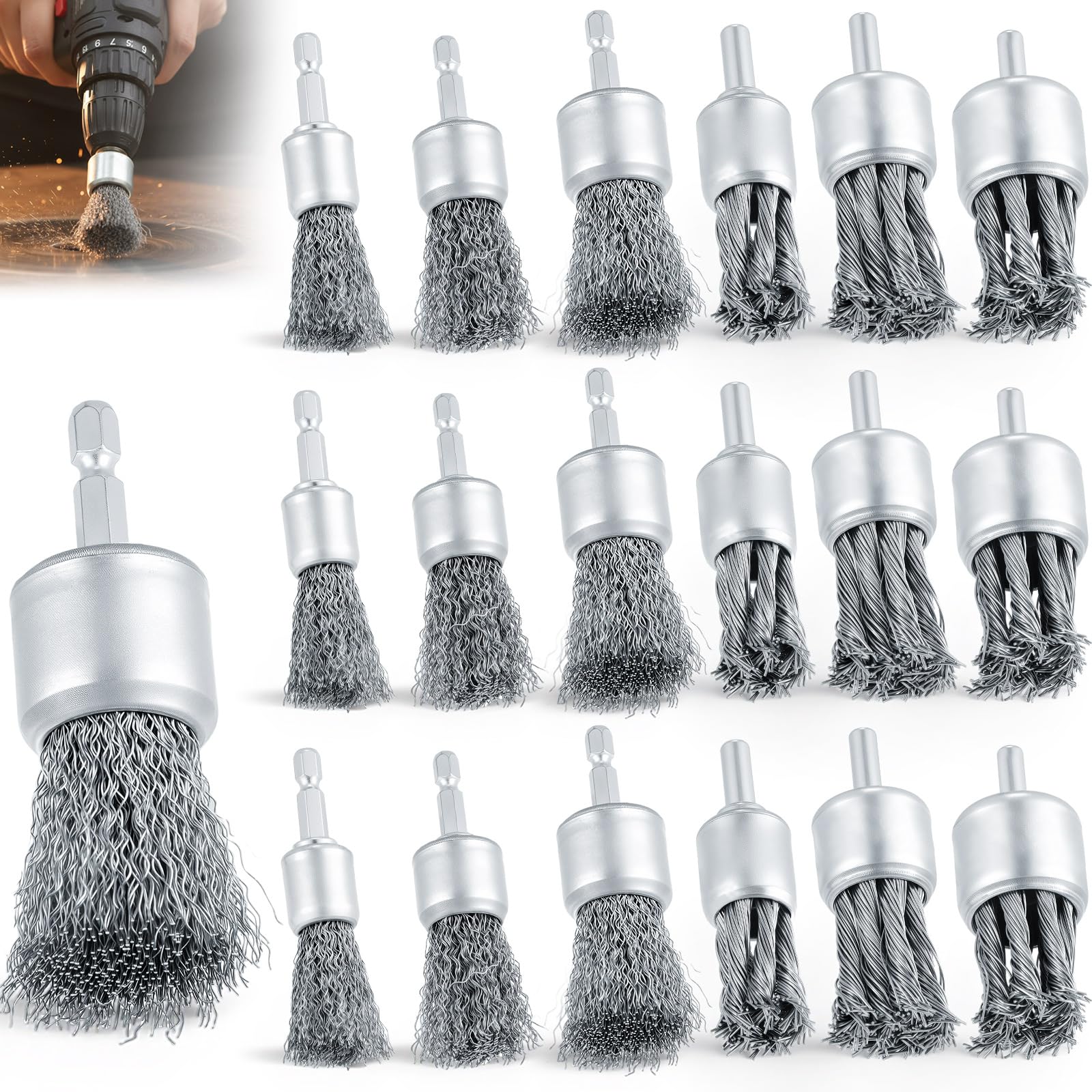 Threlaco Confezione da 18 spazzole metalliche per trapano, dimensioni 2 cm, 2,5 cm, 3 cm, codolo 1/4 di pollice annodato e estremità in filo metallico, smerigliatrice per rimuovere la ruggine della