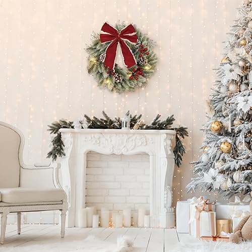 Miniatura 8 de Twinkle Star - Corona iluminada de Navidad, corona pequeña de 13 pulgadas con gran lazo rojo, agujas de pinos y luces LED, para decoración navideña