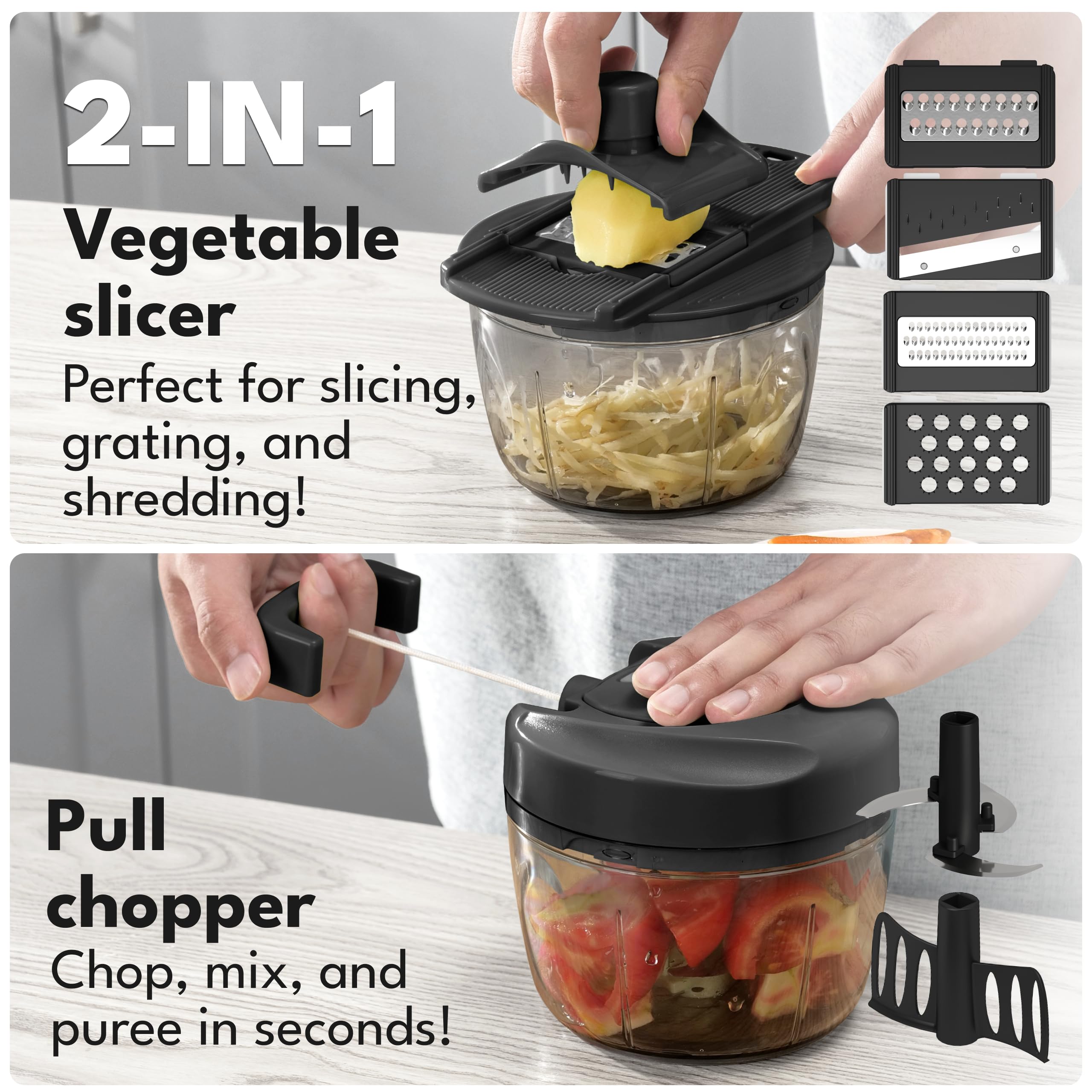 Procesador manual de alimentos y picador de cebolla, 26 onzas, incl. útil accesorio I sin BPA I Picador manual de alimentos con cuerda de tracción para ajo y verduras I Picadora de alimentos 2