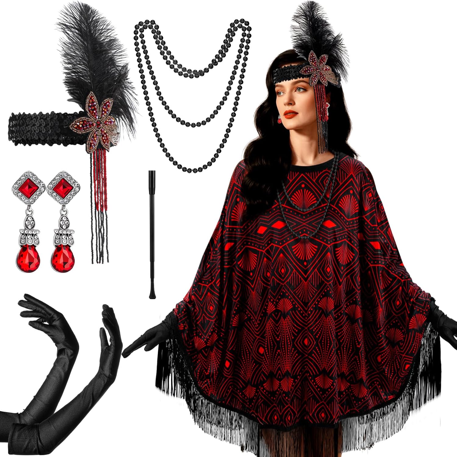 6 Pcs 1920s Flapper Costume Accessories Set for Women Fringed Poncho Flapper Shawl Outfits