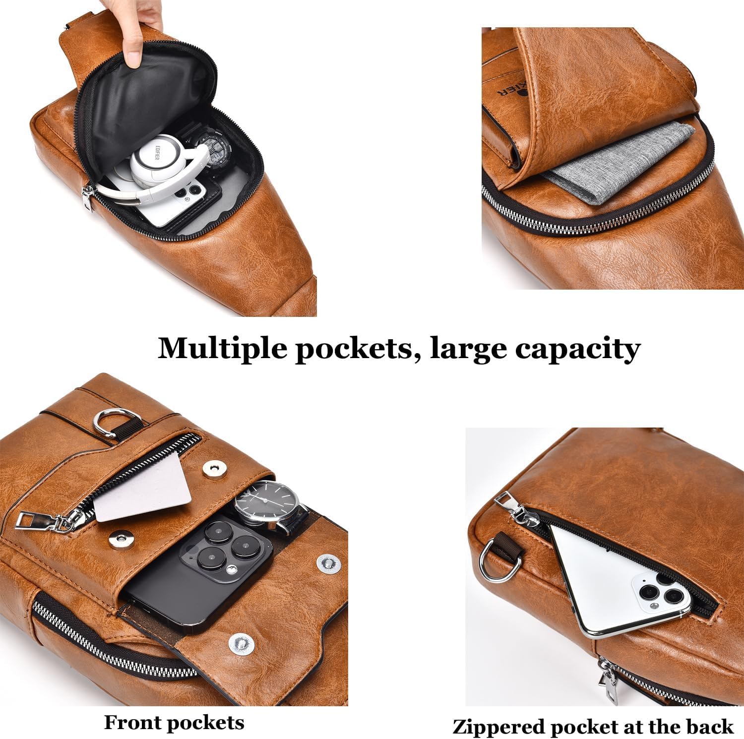 Sling Tasche für Herren,Leder Brusttasche,Wasserdichte Schultertaschen,Lässige leichte Tasche,Handy,Crossbody für Wandern,Radfahren,Camping (Dunkelbraun)