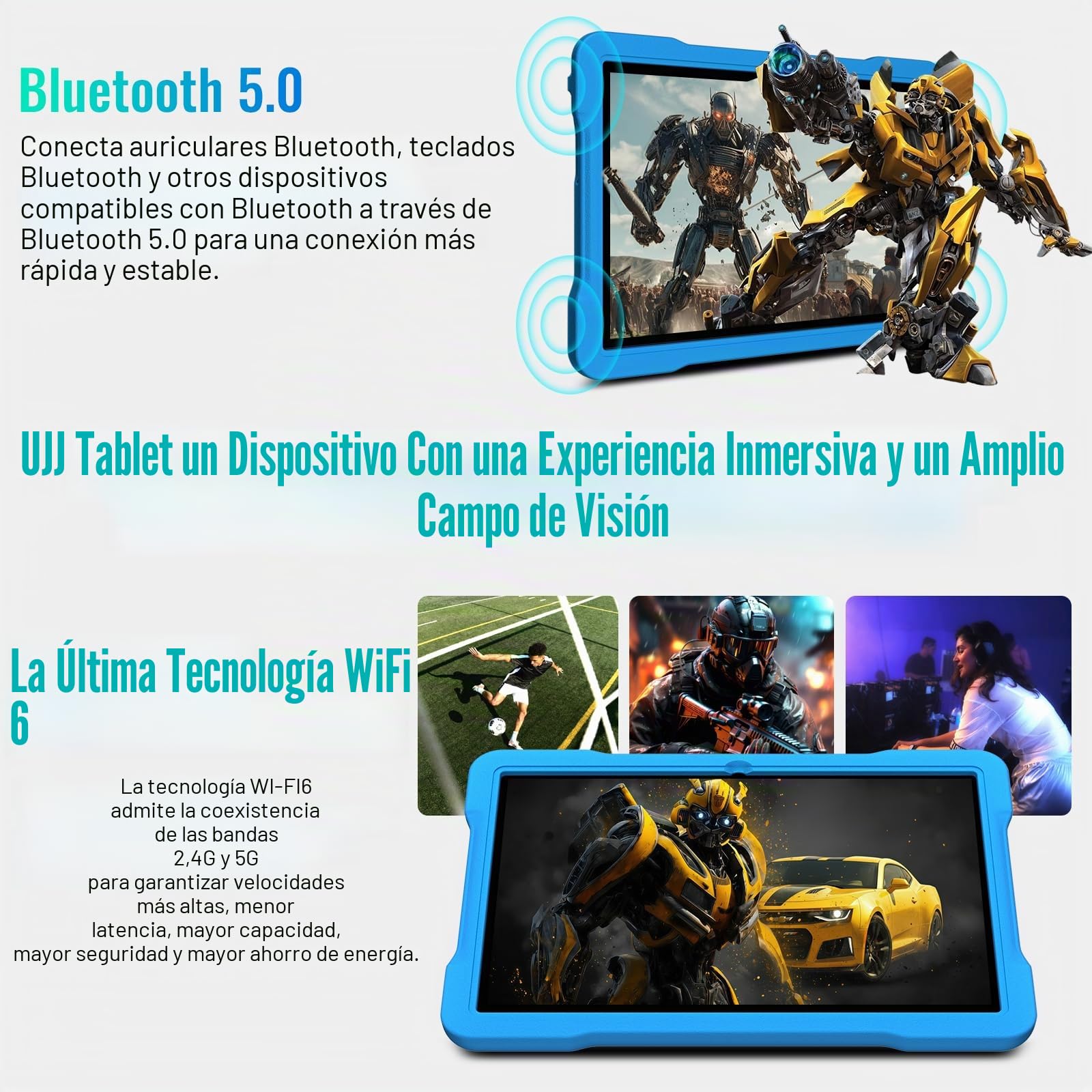 Tablet Android 15 10 Pulgadas con Core-Octa, 64 GB ROM (TF / 2TB), 5MP + 8MP, Giochi Software Educativo (iWAWA), 1280 * 800 Píxeles, Widevine L1 5G + 2.4G WiFi6, Bluetooth 5.0,Tablet EVA Case - Azul