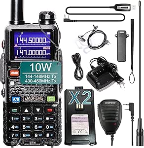BAOFENG 5RM 10W Handheld Ham Radio Two Way Radio NOAA Receiver Walkie Talkies, 144-148Mhz 430-450Mhz with 2500mAh Battery x 2, Type-C Cable,High Gain Antenna,Hand Mic,Earphone and Programming Cable