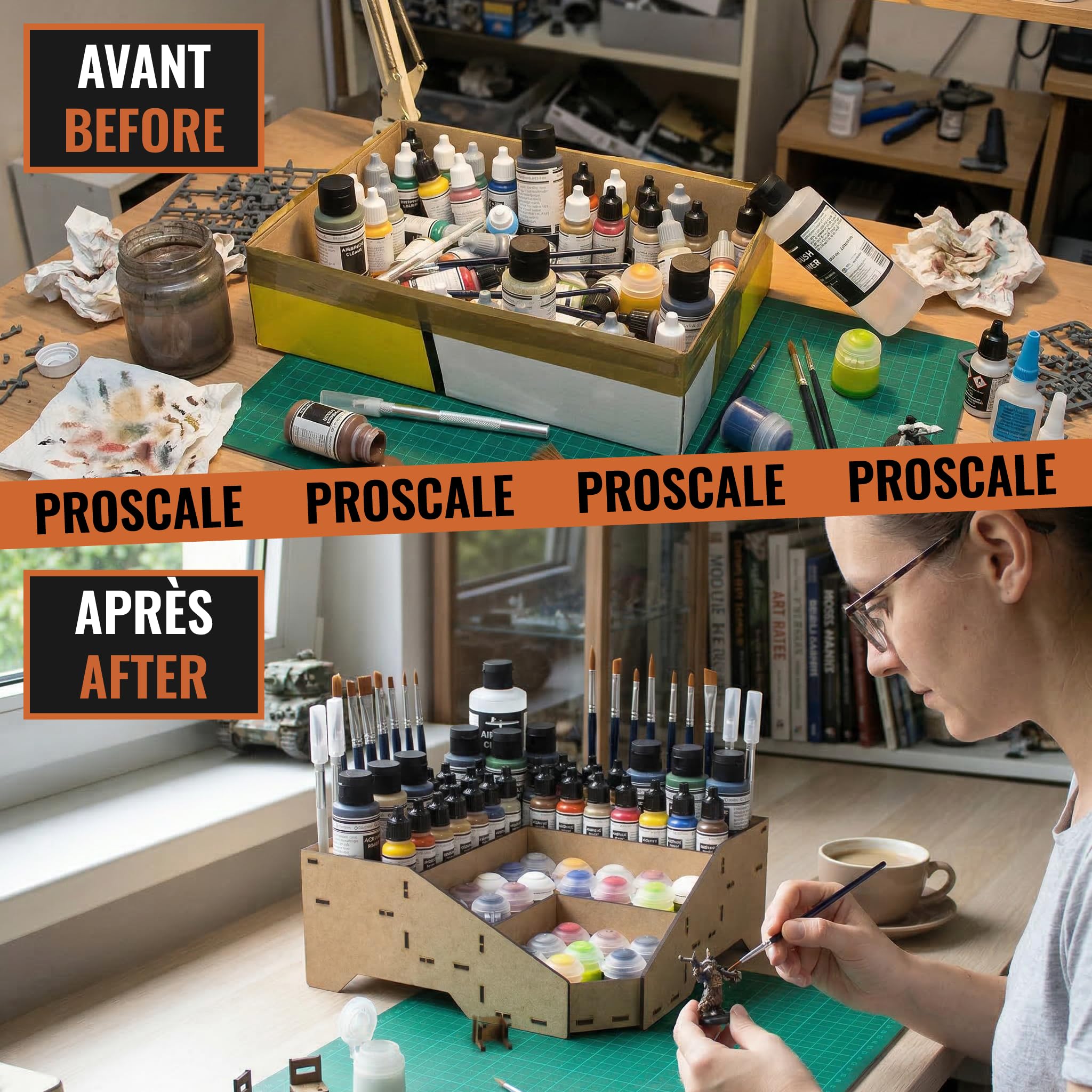PROSCALE Paint station support peinture maquette. Support de rangement en bois pinceaux warhammer porte pot peinture citadel vallejo acrylique hobbyzone tamiya (Support B