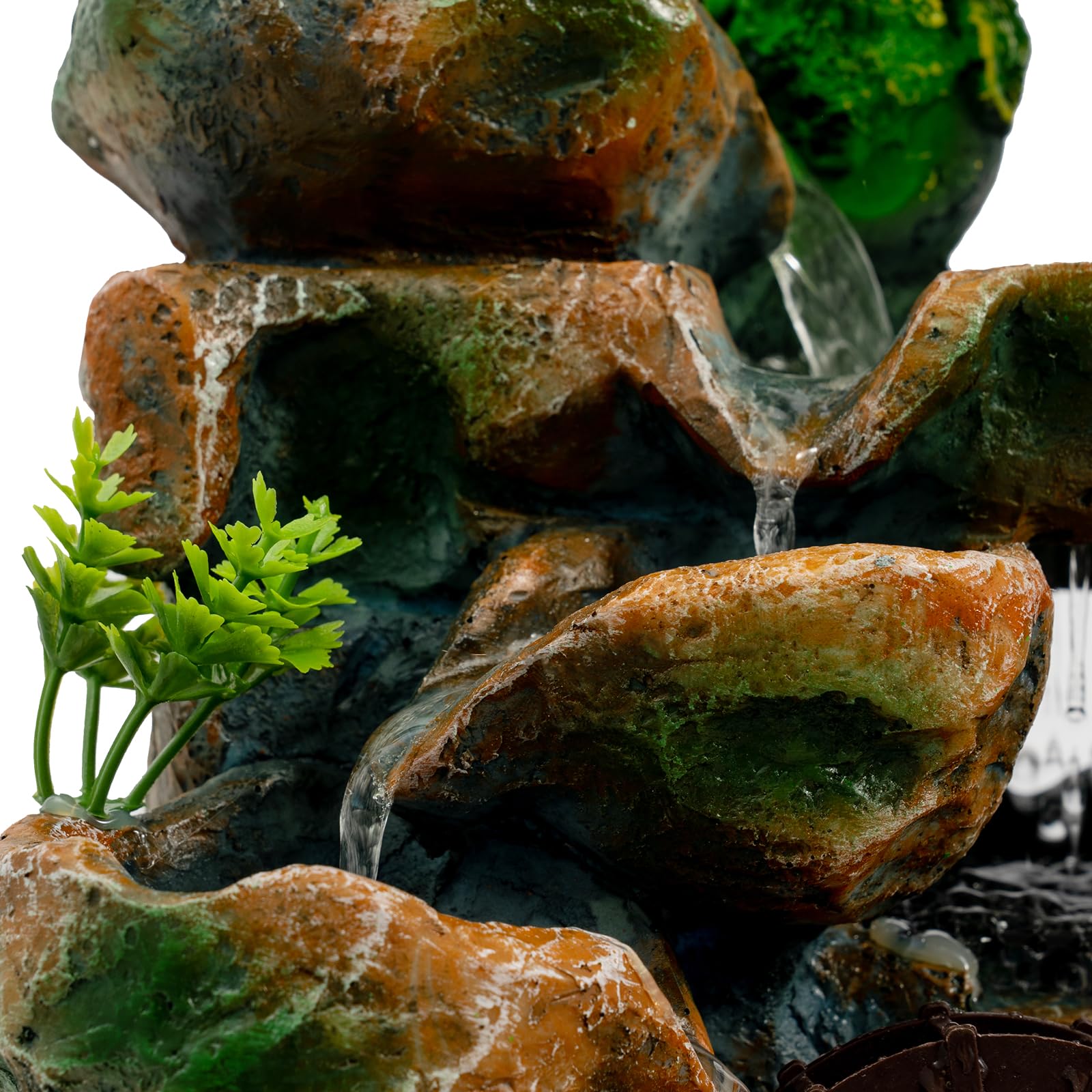 Zimmerbrunnen mit LED Licht, Moderner Tischbrunnen Indoor mit Wasserfall für Wohnzimmer Deko, Kunstharz Springbrunnen Innen mit Beruhigendem Wassergeräusch, 30cm
