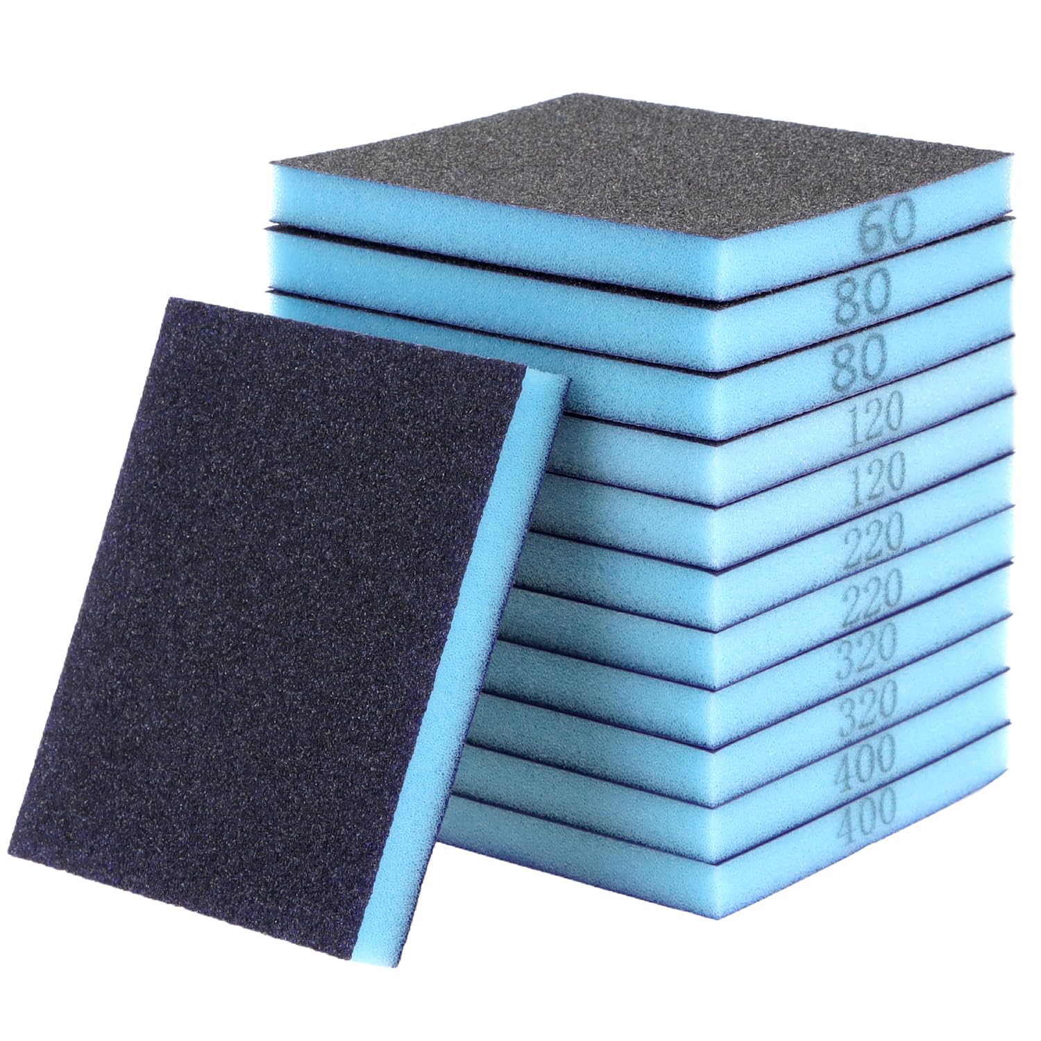 QWORK® 12 Pezzi spugne abrasive levigatura a secco e a umido, grana 60/80/120/220/320/400, carta abrasiva riutilizzabili, per legno e metallo