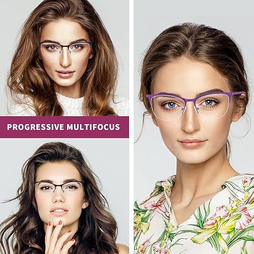 Miniatura 3 de Gafas de lectura multifocales para mujer, progresivas multifocales, luz azul, lector de computadora, ojo de gato, metal, medio marco, sin línea