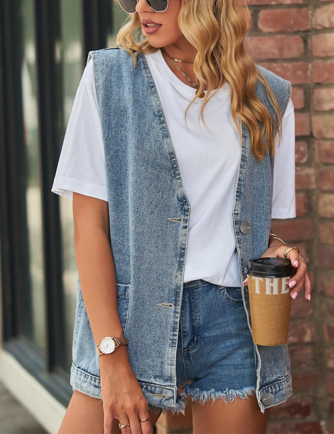 Women's Casual Denim Jean Vest Oversized Sleeveless Mid Long Button Down Jeans Jackets Vests Tops Waistcoat - Image 5