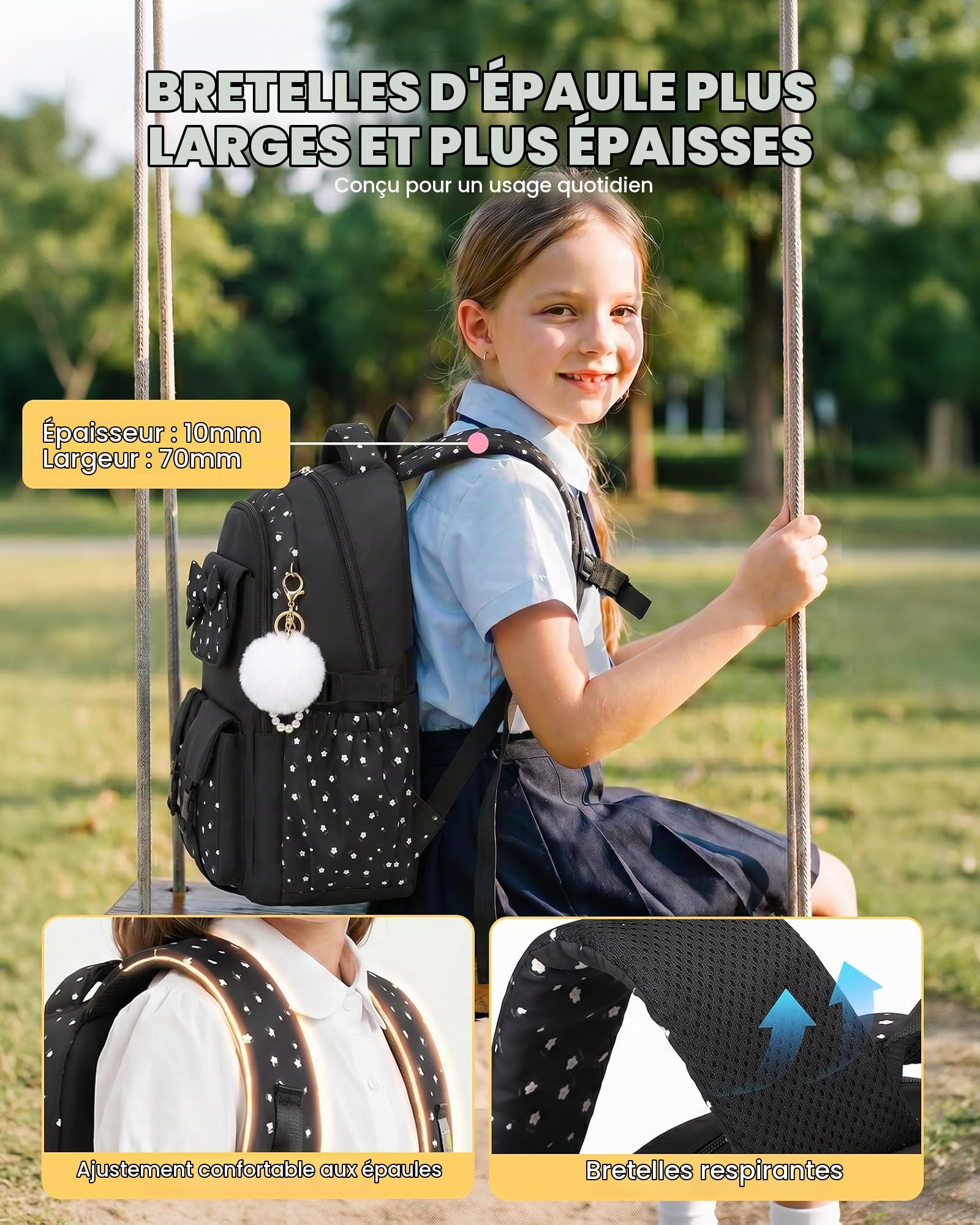 Amythe Cartable École Ados Filles 6 à 15 ans Imperméable Noir | Lycée Collège Grand Imperméable Junior Noir Daypack Multi-Poches Spacieux Robuste pour École Voyage Randonnée Loisir