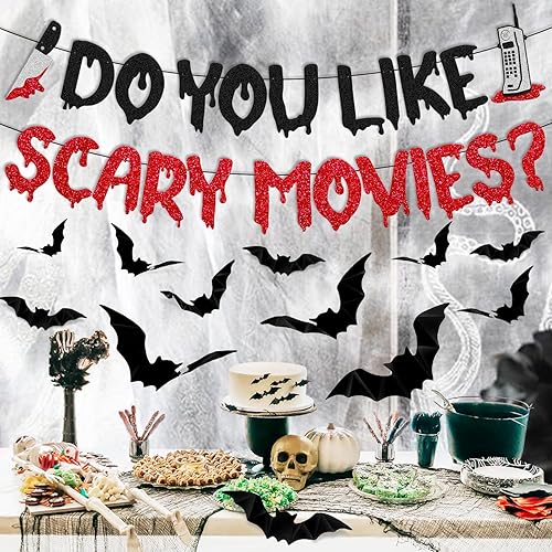 Miniatura 7 de Decoración de Halloween Do You Like Scary Movies Banner con adornos de murciélago en 3D, películas de terror sagradas, decoración de fiesta nocturna