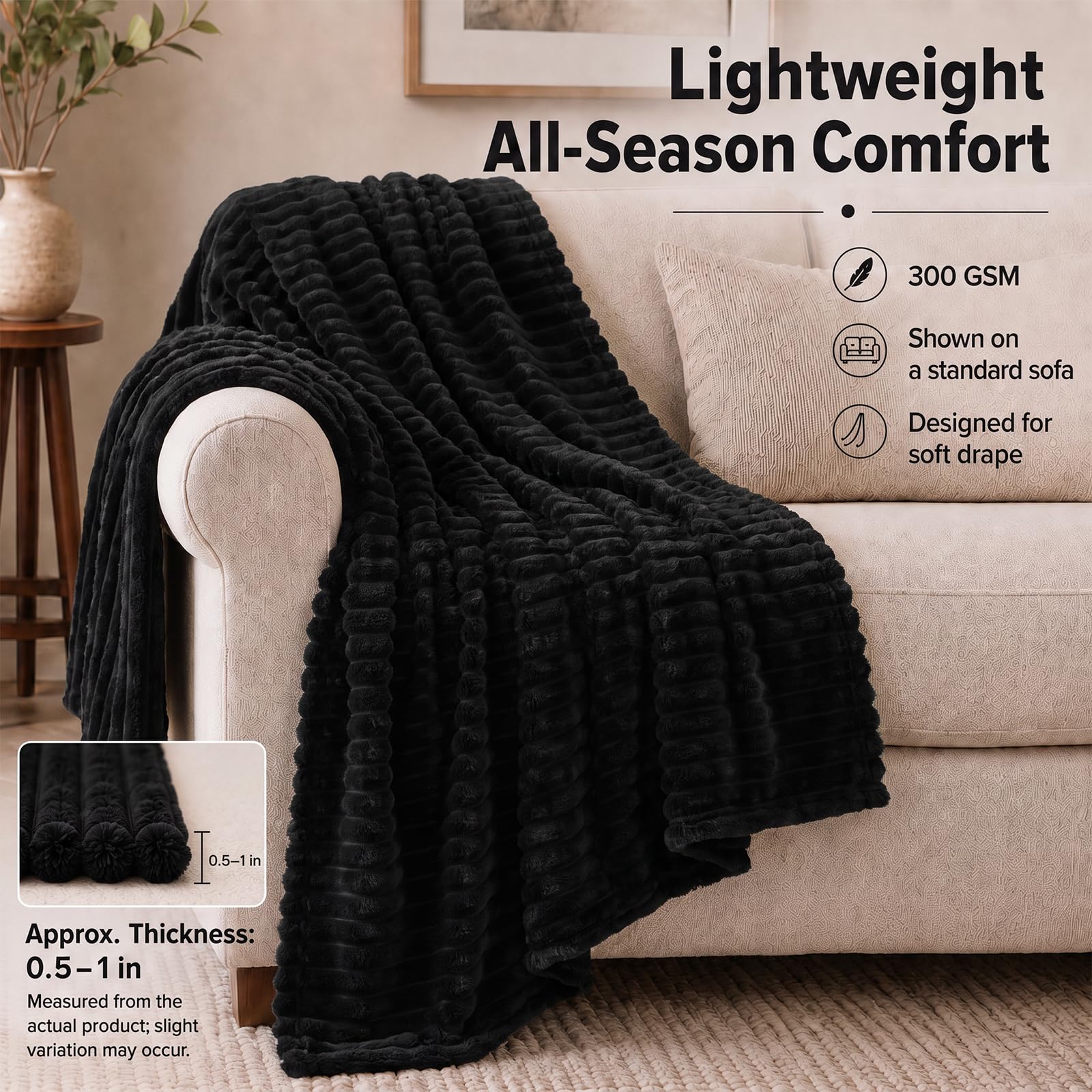 HIMEET Black Throw Blanket for Couch, 300GSM Ribbed Fleece, 50 x 60 Inches view 2