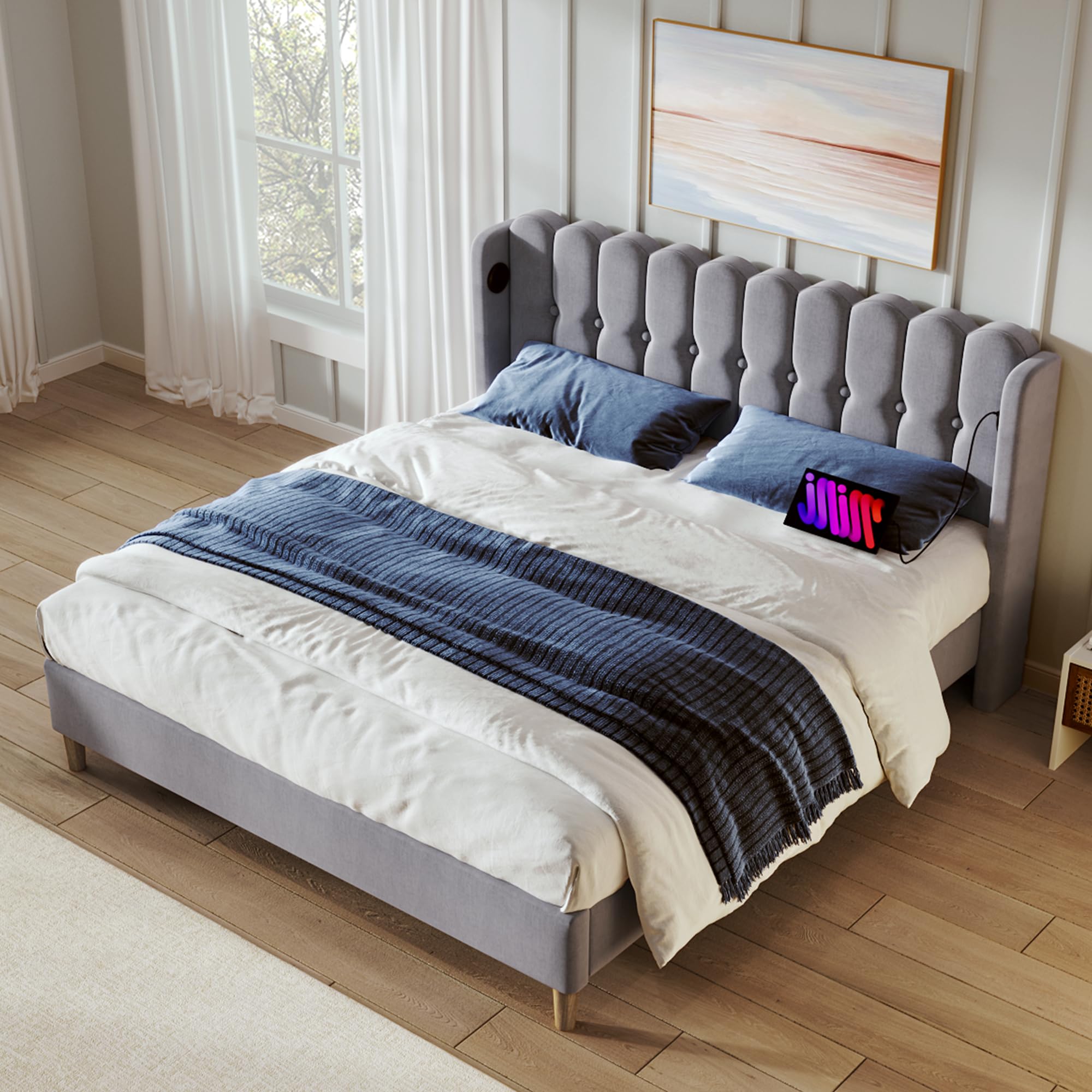 Merax Double bed frame, 4ft6 Double Upholstered Kids Bed, with USB and Type-C Charging, Sturdy Wooden Slatted Frame, No Mattress, Grey+Linen/135x190 cm โ image 1