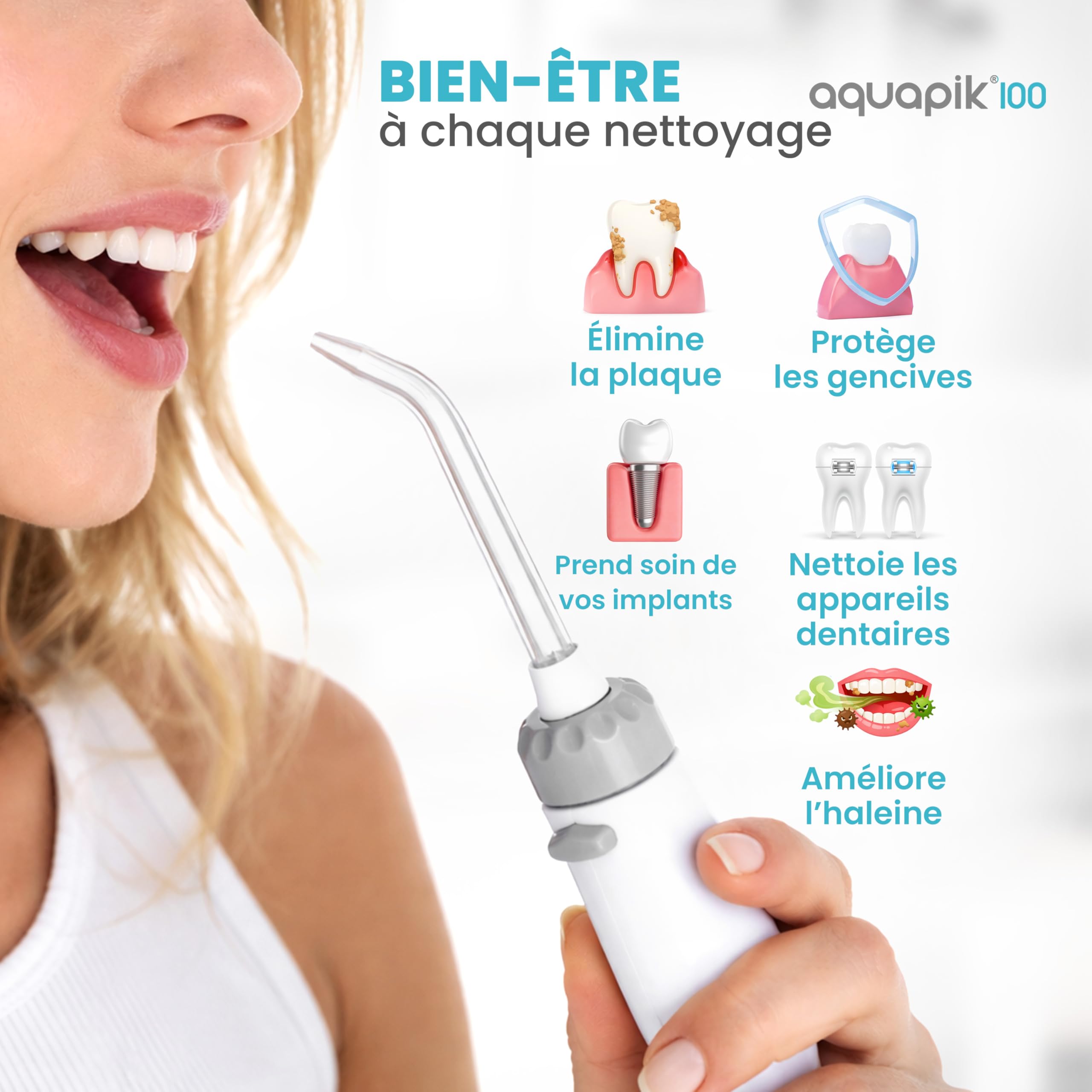 Aquapik100 Hydropulseur Dentaire Water Flosser 600 ml 10 Niveaux 8 Embouts.