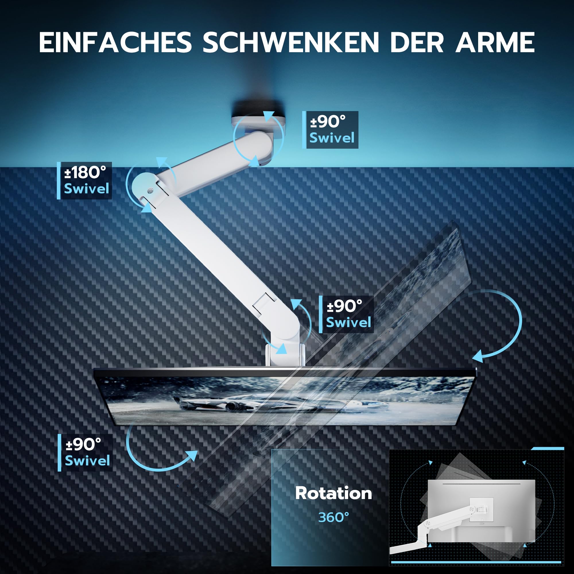 ARES WING Supporto da parete per monitor Ultra Wide 17-49",Bianco | 20 kg/braccio, molla a gas PC, monitor Hatlert, parete completamente regolabile, per ufficio e giochi, VESA 75/100