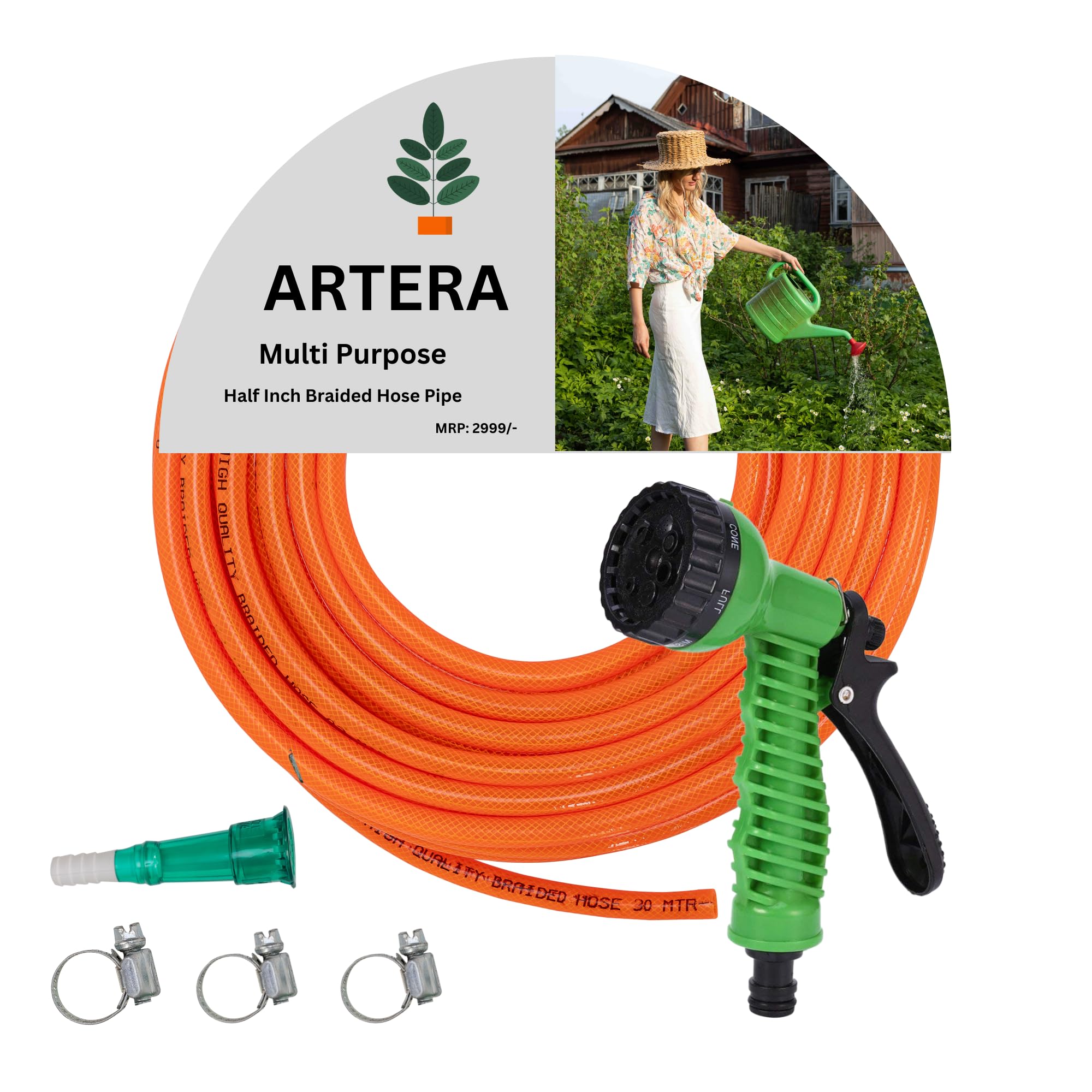 ARTERA® Heavy Duty 3 Layered Braided Water Hose Pipe 30 Meters, 1/2 Inch, with Tap Adapter & 3 Clamps for Watering Home Garden, Car Washing, Floor Cleaning & Pet Bathing (30 Meters, ORANGE) (B0BNYPSW46) Amazon Price History, Amazon Price Tracker
