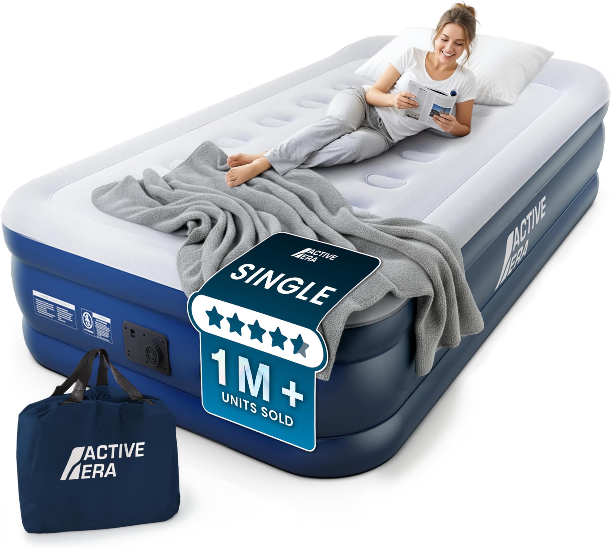 Active Era Premium Single Inflatable Mattress | Airbed for Home with Built-In Pump | 3 Min Self Inflating Blow Up Bed | Flocked Surface & Puncture Resistant Air Bed for Guests & Camping 188x99x36.5cm