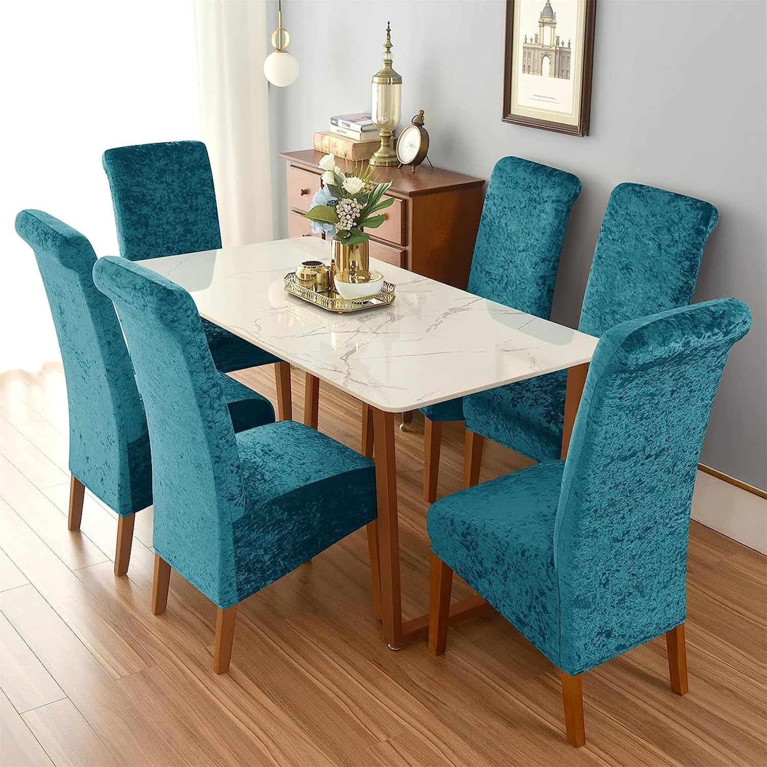 Chair Covers, Dining Room Chair Slipcovers, Crushed VelvetDining Chair Covers, for Dining Room, Hotel, Kitchen, Home, Washable Removable (Blue,4 Pcs)