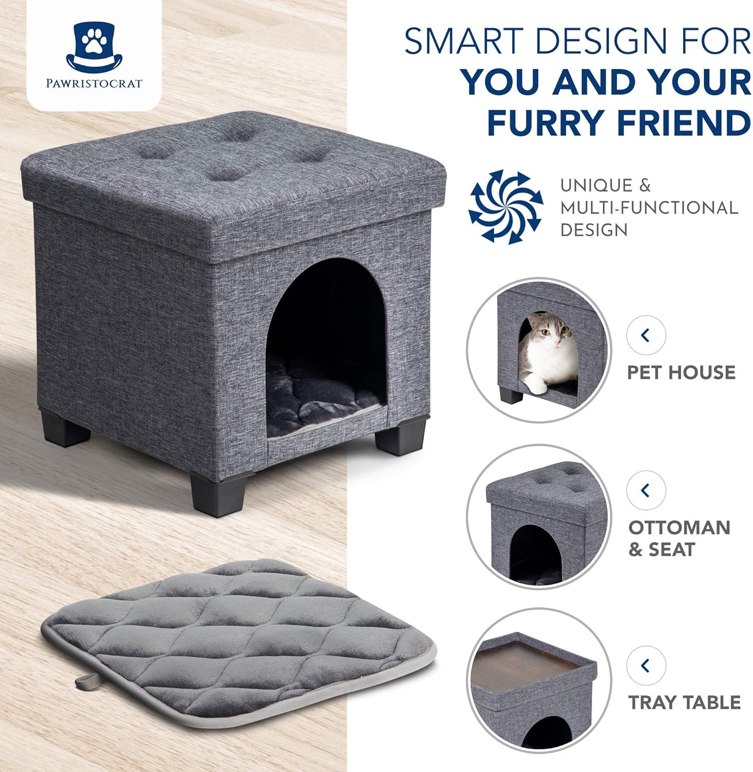 Pawristocrat Unique Multifunctional Pet House Ottoman with Tray Table - Folding Footrest Seat - Large Cat Cube Condo - Beds for Cats and Small Dogs with Fully Washable Mat - Chocolate Bench 24 x 18 : Pet Supplies