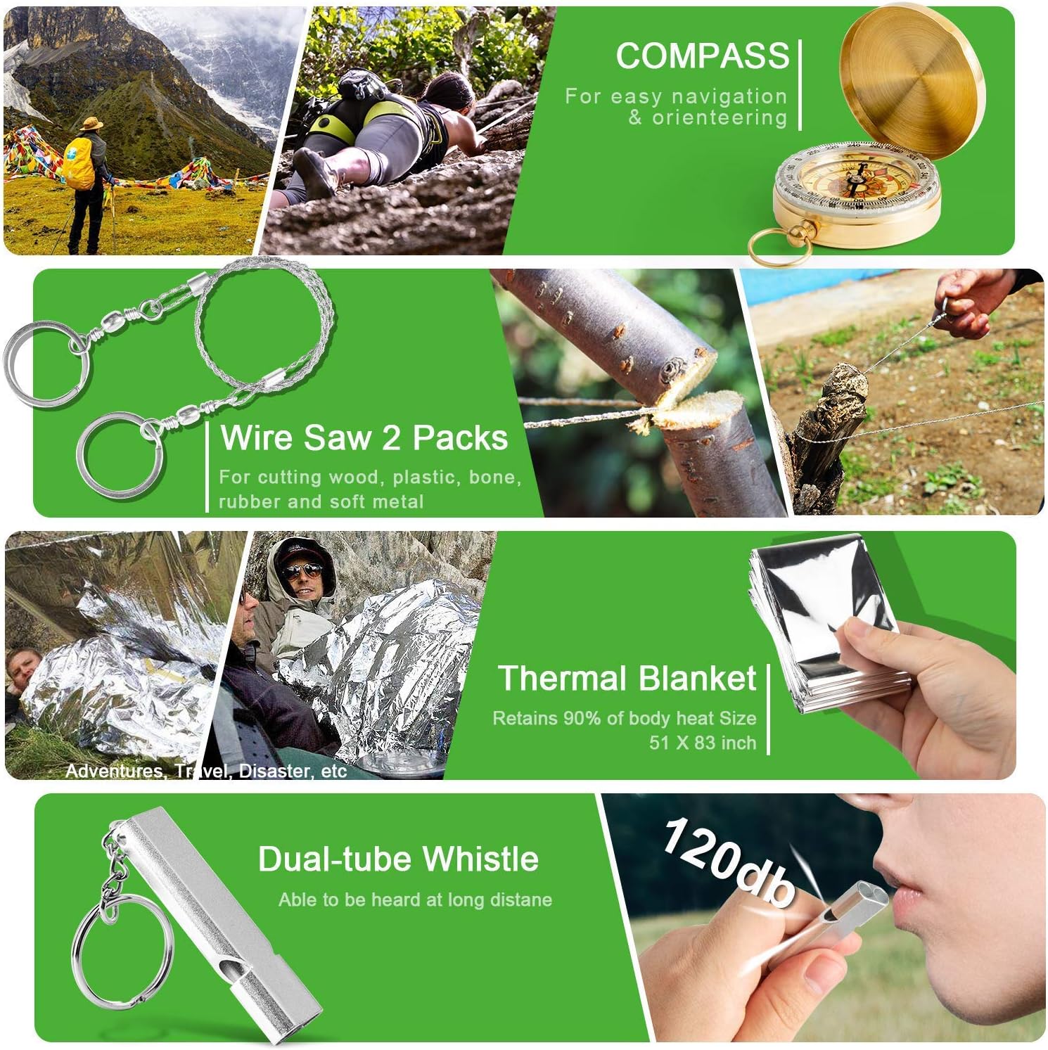 KOSIN Survival Gear and Equipment,18 in 1 Emergency Survival Kit, Professional Defense Tool with Knife Blanket Bracelets Backpack Temperature Compass Fire Starter for Adventure Outdoors Sport : Sports & Outdoors