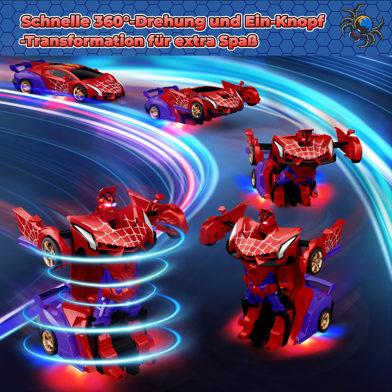 Ferngesteuertes Auto Transform mit LED-Augen & Unterbodenlicht, 2,4GHz Rc Auto & 360° Drehung Roboter, Spielzeug ab 3 4 5 6 7 8 9 Jahre Junge Geschenk Junge 3-12 Jahre Kleine Ostergeschenke Kinder