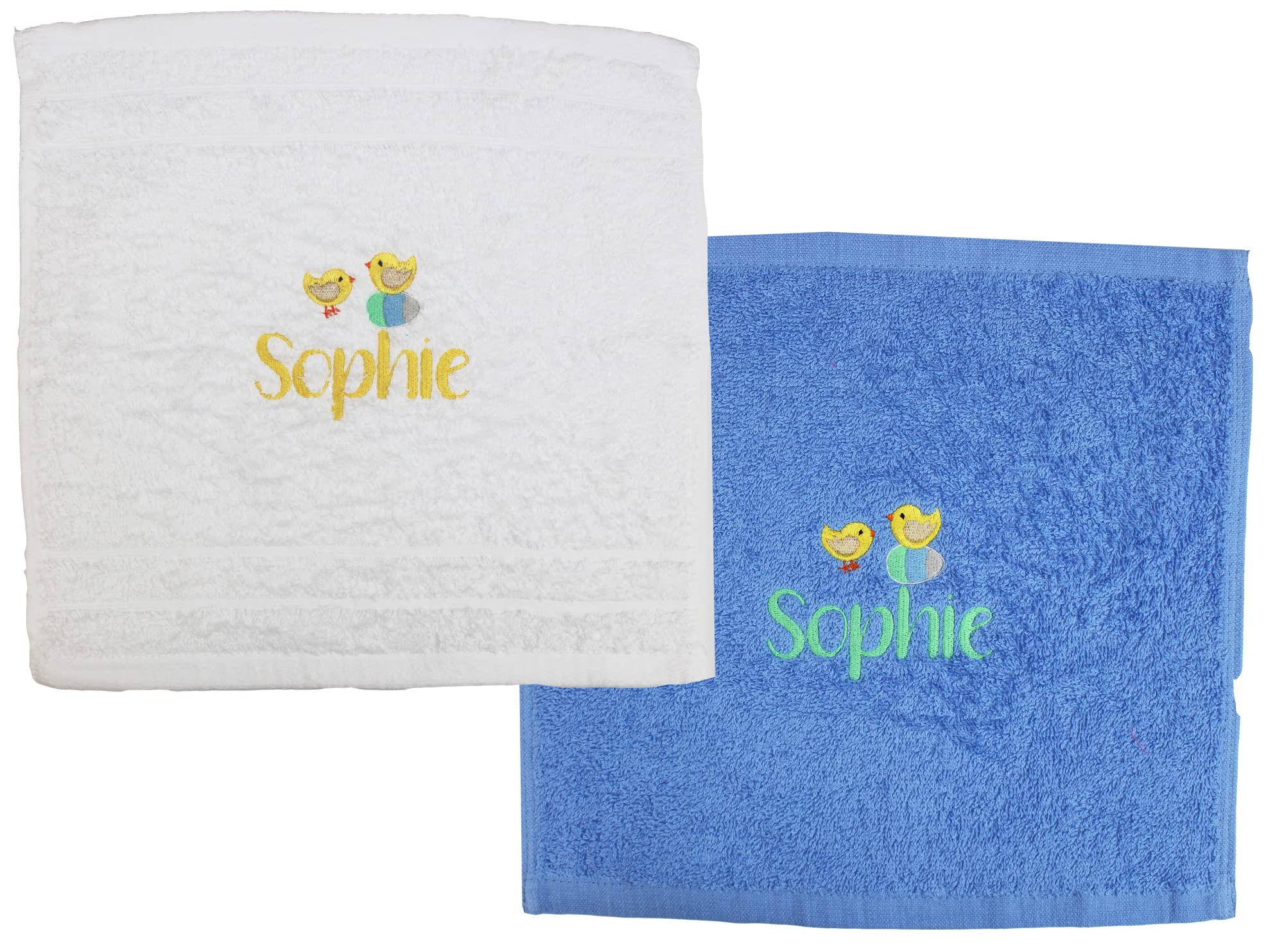 Teddyts Blue And White Personalised Easter Chick Cotton Face Cloth Flannel Set (2 Pack) (Blue And White), 30Cm X 30Cm