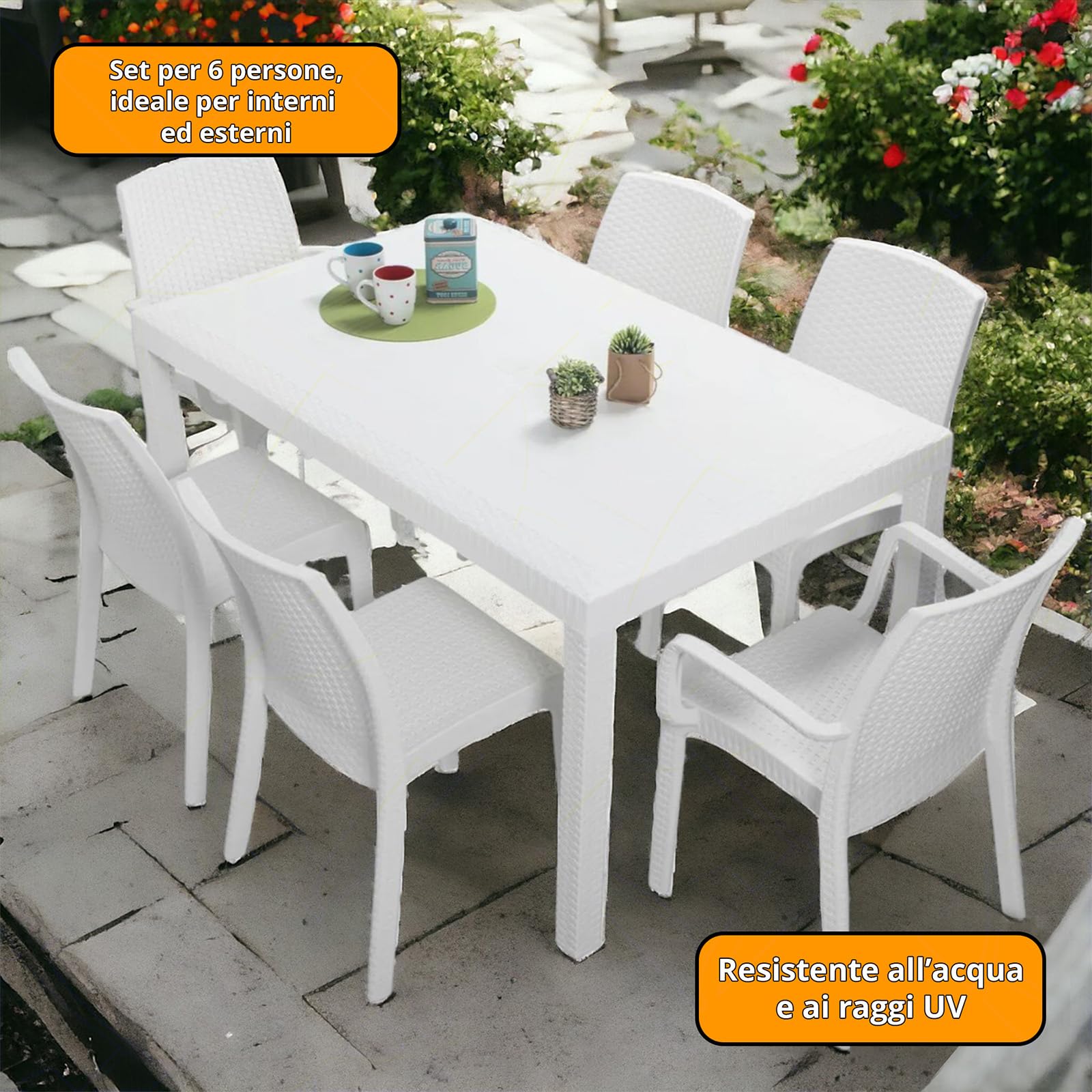 Set Giardino Sicignano - 6 Sedie + Tavolo Rettangolare 150x90 Cm In Rattan Polipropilene | Impilabile, UV Resistente | Per Esterno/Interno - Foto 2