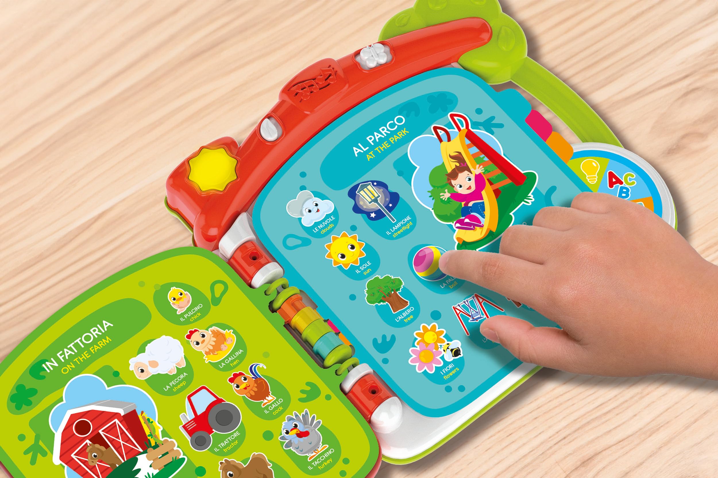 Clementoni Baby Discover the world in 100 worlds - interactive book 1 year electronic speaking, edukacyjna dwujęzyczna książka dla dzieci, dwujęzyczny dźwięk dotykowy, nauka włoskiego i angielskiego,