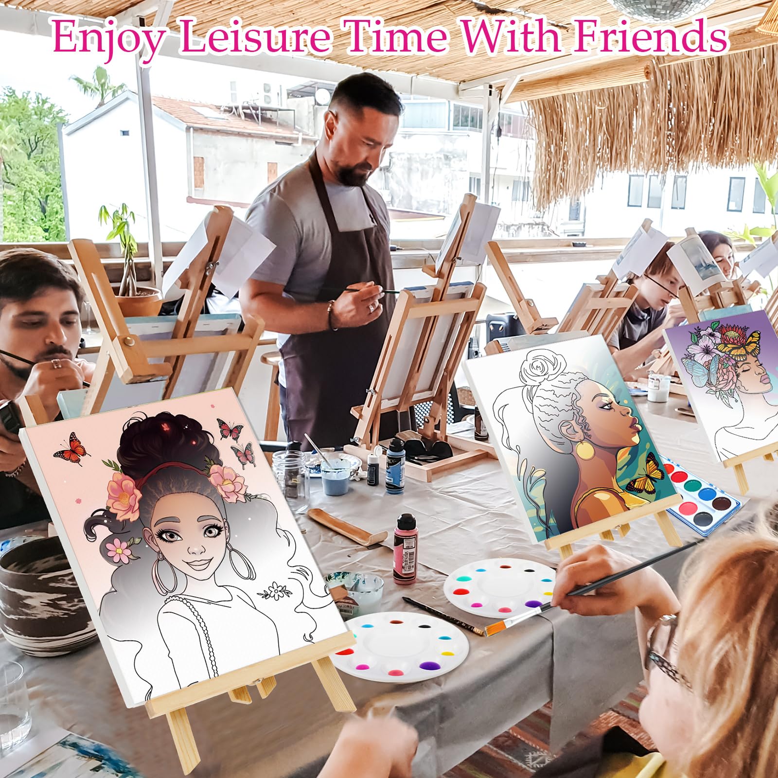 Cholemy 12 Sets Pre Drawn Canvas Kits for Adult, 8'' x 10'' Painting Set Wood Easel Watercolor Paint Apron Brush Palette Afro Sip and Paint Date Night Party Favors Valentine DIY Gift(Flower Girl)