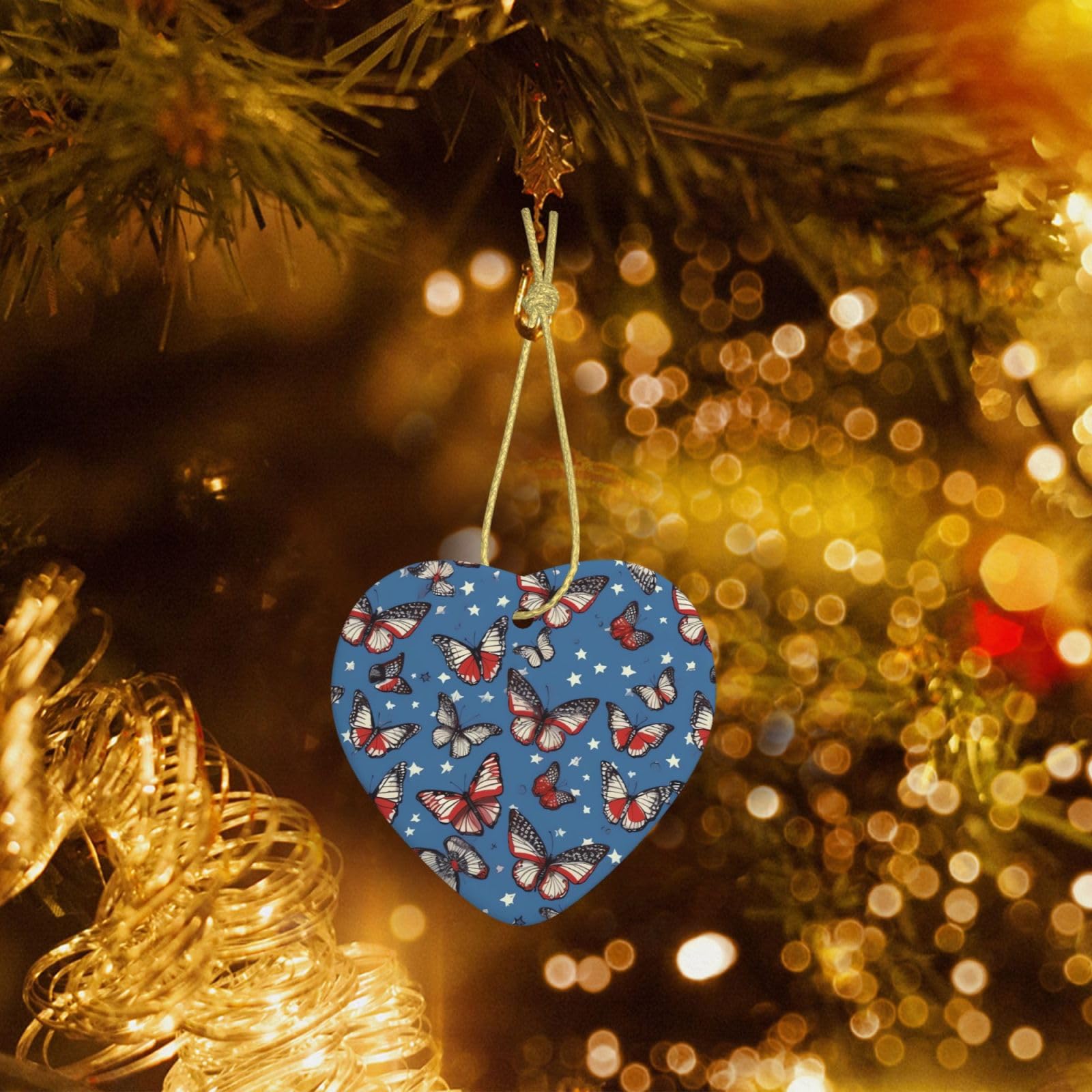 Christmas Heart Shaped Ornaments 1 Pcs, Double-Side Ceramic Xmas Tree Hanging Ornament with Gold String Patriotic Butterfly Personalized Porcelain 2025 Christmas Pendent