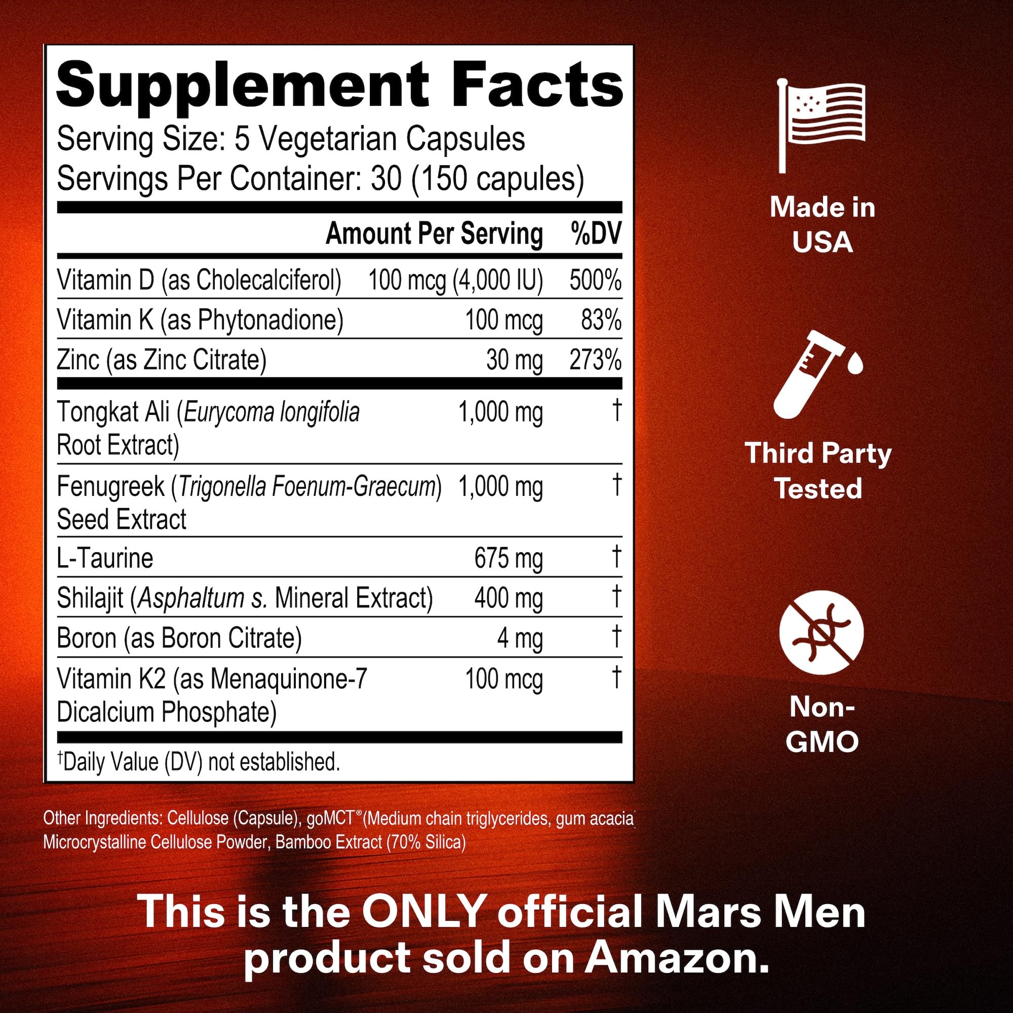 MARS MEN Testosterone Booster for Men - Natural Supplement Premium Tongkat Ali, Fenugreek, Shilajit & Boron - Male Support - Libido, Energy & Muscle Growth Support - 30 Servings + Travel Tin thumbnail 3