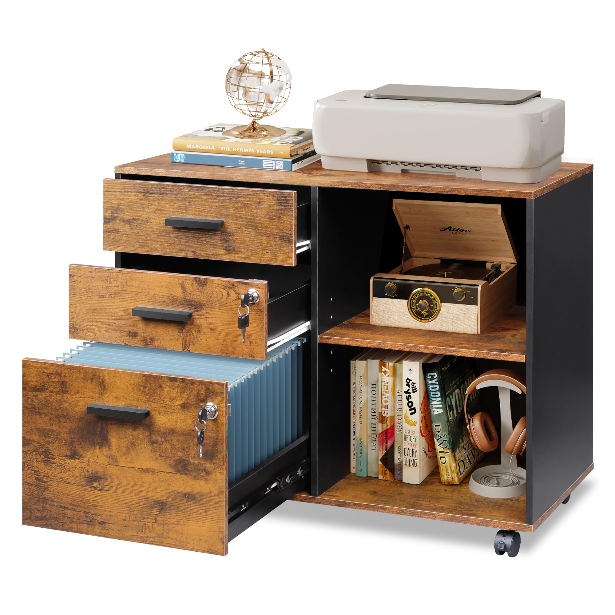 DEVAISE Carrello Portadocumenti 3 Cassetti con Piano Legno, Mobile Ufficio con Stampante, Retro, Marrone