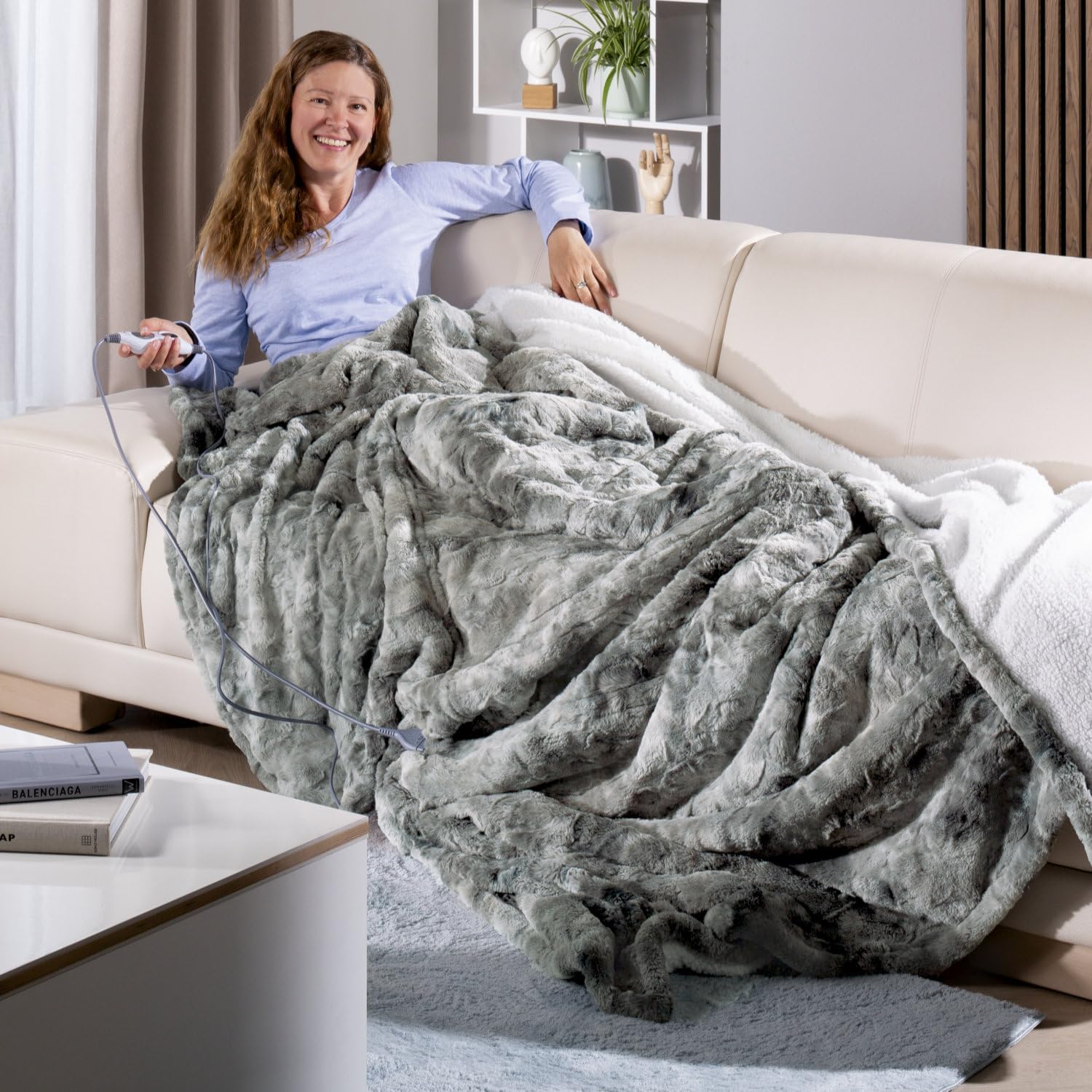 Delindo Lifestyle® Manta eléctrica con apagado automático, 215 x 240 cm, manta grande XXL con 6 niveles de temperatura, con aspecto de piel de cordero, color gris