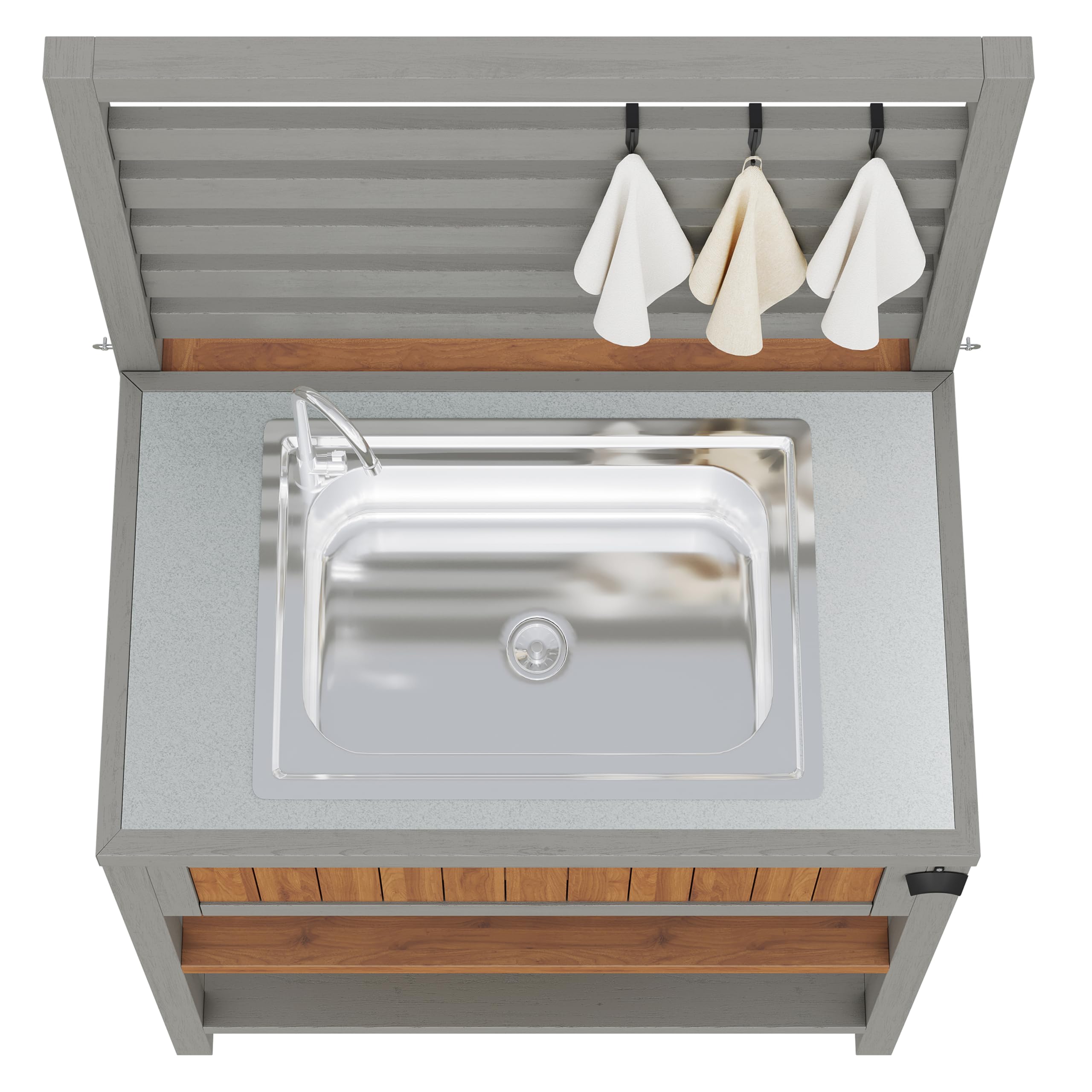 Gartenschrank Holz Outdoor wetterfest Geräteschrank, mit Edelstahl-Arbeitsplatte & großer Schublade, Grillstation mit doppelter Ablage, Kippsicheres Design