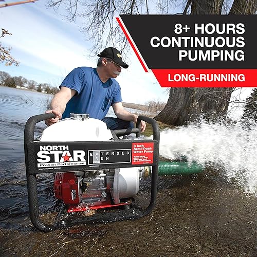 Miniatura 2 de NorthStar Bomba de semi-basura de funcionamiento extendido, puertos de 3 pulgadas, 15,850 GPH, capacidad de sólidos de 3/4 pulgadas, motor Honda