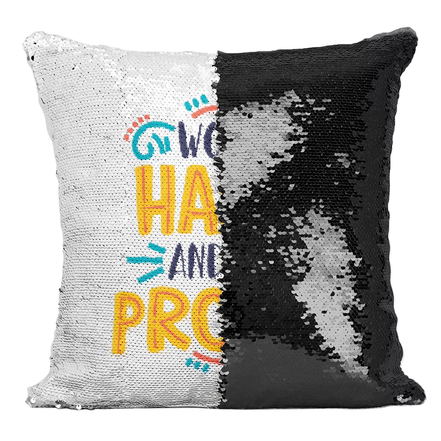 Coussin sequin noir Work Hard - Housse paillettes à message motivation