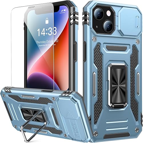 Goodon for iPhone 14 Plus Case with Slide Camera Cover + Screen Protector, Built in Rotated Ring Magnetic Kickstand Military Grade Shockproof Protective Phone Case 6.7" - Light Blue