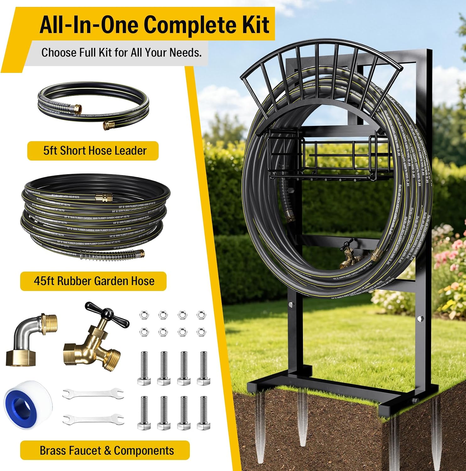 Garden Hose Holder with Brass Faucet, 45ft Rubber Hose, 5ft Leader Hose image 4