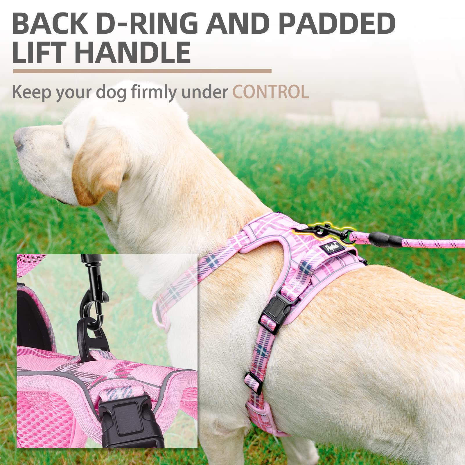 PUPTECK No Pull Dog Harness and Leash Set with Handle Reflective Adjustable Padded Vest Escape Proof for Small Medium Large Dogs Walking Training Hiking, Plaid Pink M