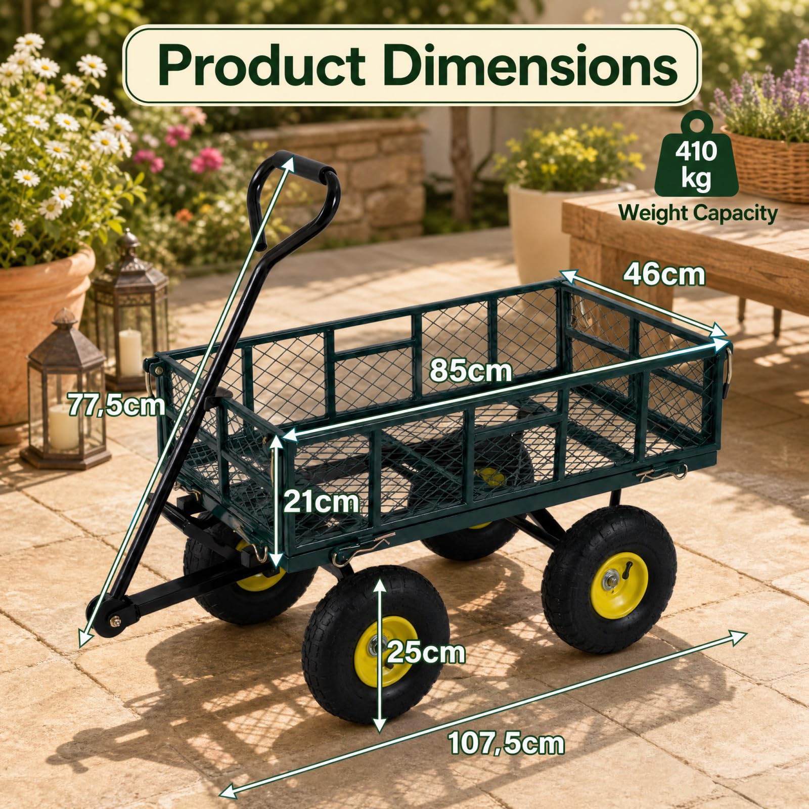 HOMASIS Carrello da Giardino Portatutto con 4 Ruote Grandi, Maniglia Regolabile, Rete Rimovibile, Fodera, Carretto Trasporto Porta Attrezzi, Carriola a Mano per Spiaggia, Campeggio, Portata 410 kg