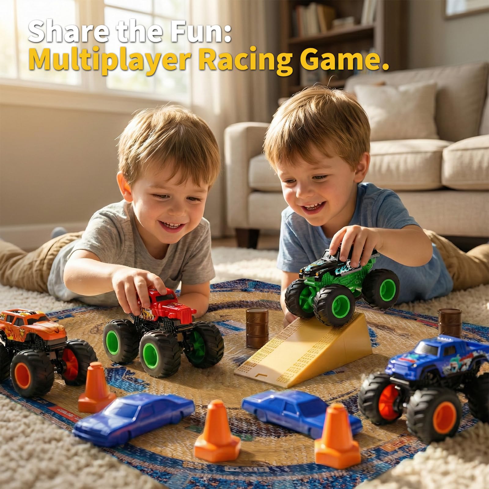 Monster Truck - Set da 27 pezzi con tappetino da gioco, mini camion giocattolo in scala 1:64 con carrozzerie intercambiabili, rampe e barili, gioco da corsa fai da te, regalo di compleanno