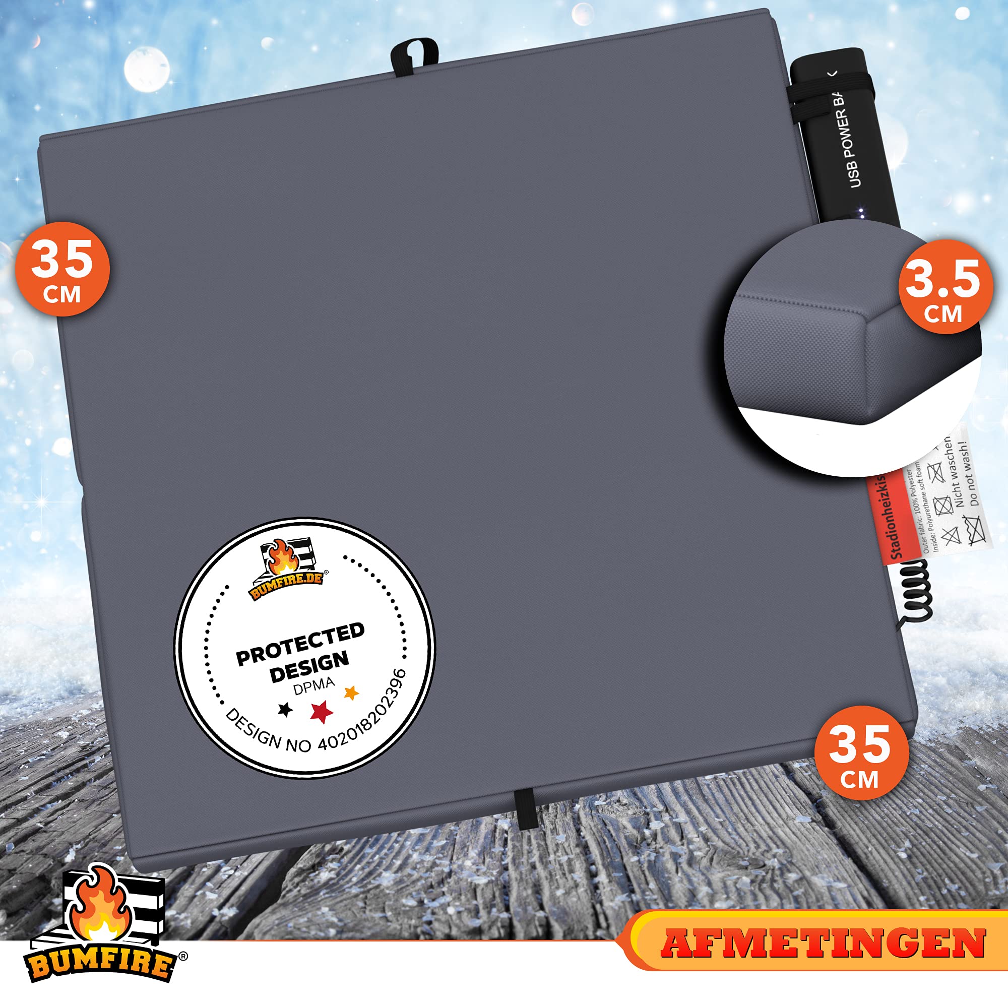 Verwarmd zitkussen stadion | Houdt je warm tijdens buitenactiviteiten & kamperen | Opvouwbaar en draagbaar | Water- en vuilafstotend | Met USB-aansluiting | Antraciet | 35 x 35 x 3,5 cm