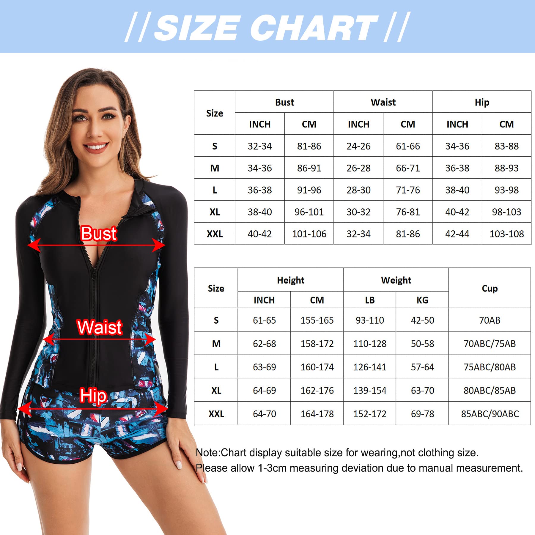 SEAUR Rash Guard - Traje de baño de dos piezas para mujer, manga larga, protección UPF 50+, protección UV, corte ajustado, protección solar, camiseta y pantalones cortos, tallas S, M, L, XL, XXL, 3XL