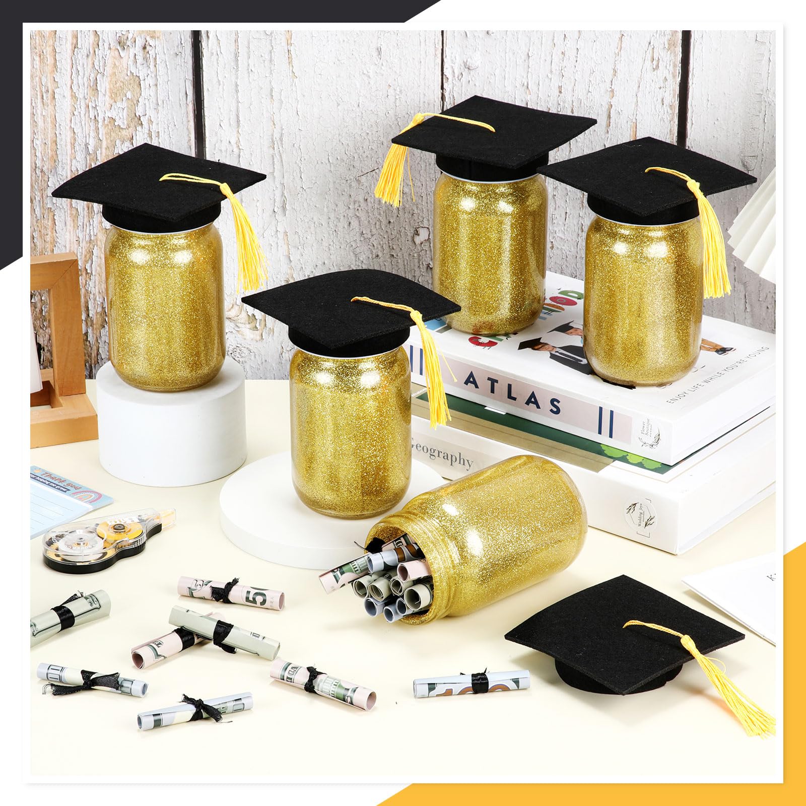 Suclain 12 Sets Graduation Decorations Class of 2025 Graduation Jar Table Centerpieces with Black Cap 2025 Gift Money Ideas for College High School Congrats Grad Party Supplies