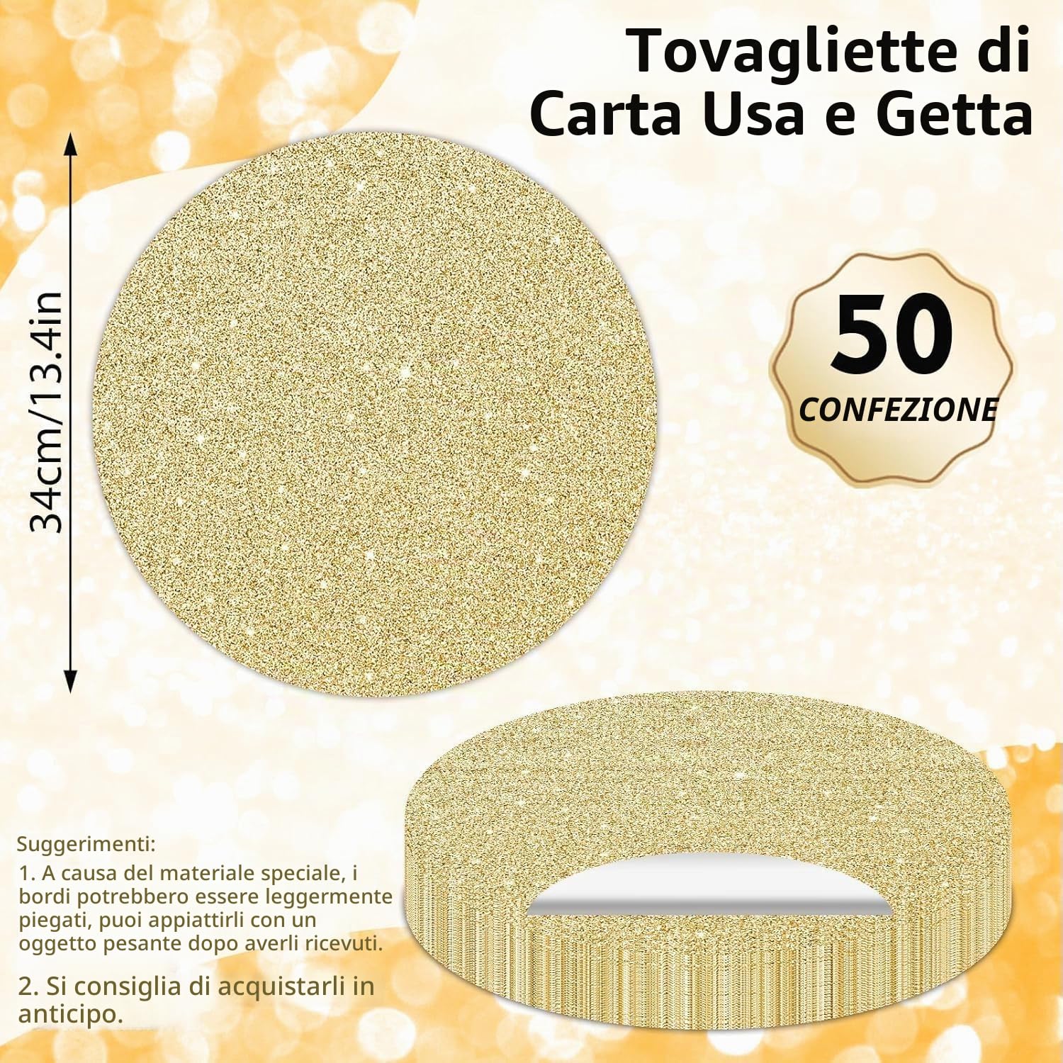 50 tovagliette di carta oro rotonde scintillante oro, tovagliette usa e getta rotonde, 35 cm, decorative per tavolo da pranzo, feste, compleanno, Matrimonio