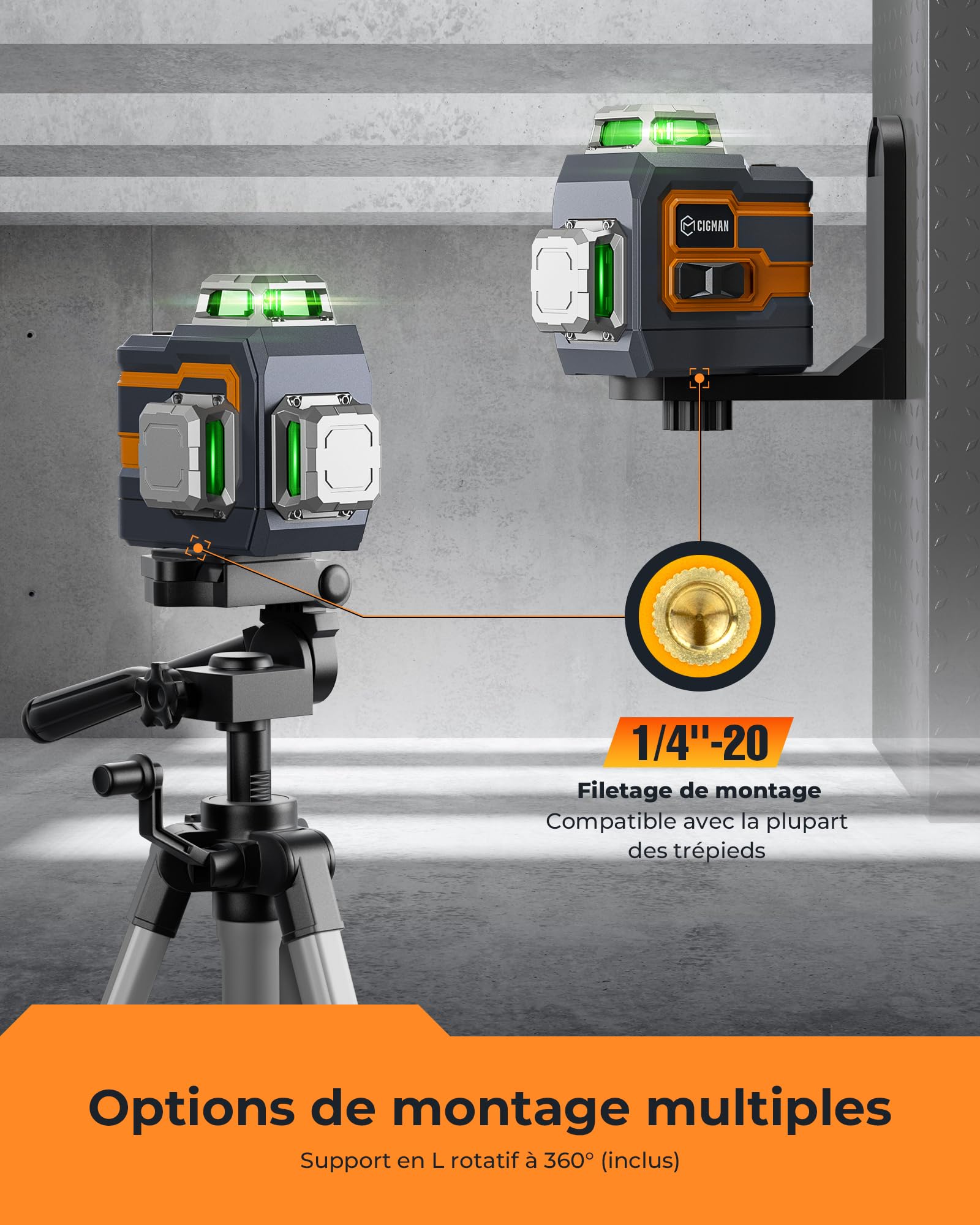 CIGMAN Niveau laser vert, télécommande sans fil Bluetooth par application, niveau laser auto-nivelant avec outil de niveau laser à lignes transversales 3 x 360°, ligne horizontale/verticale, avec supp
