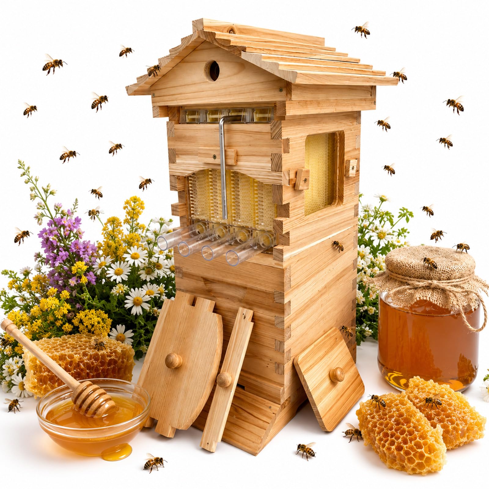 XEEAOFE Bee Hive Flow Kit, Complete Wooden Beekeeping Box with 4 Flow Frames, Observation Window, Honey Spout, for Garden Pollinators & Beginners