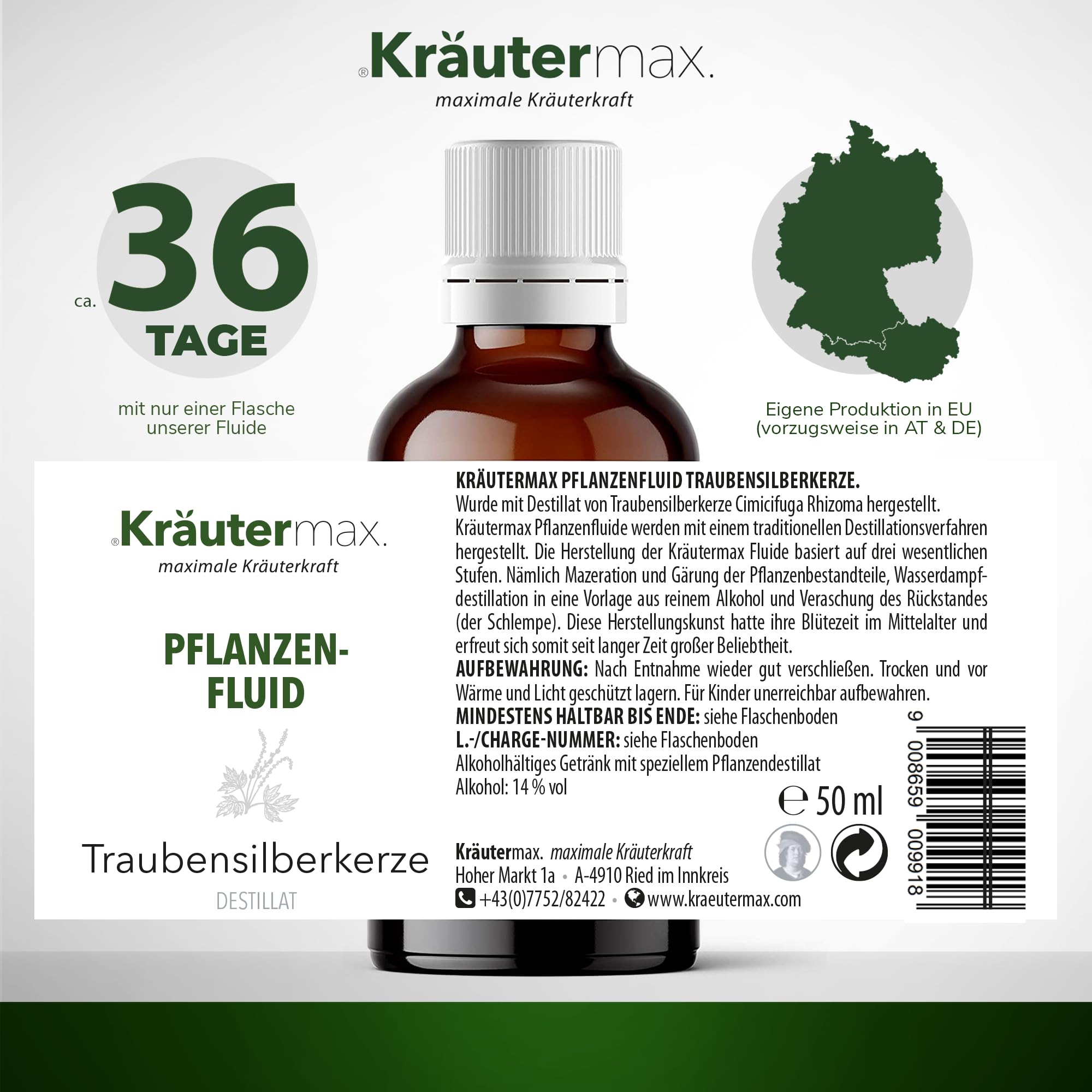 Kräutermax Traubensilberkerze Tropfen 1 x 50 ml, Pflanzen Fluid Destillat nach Paracelsus, ideale Ergänzung zu Tee, Extrakt flüssig, Tinktur, Kapseln, Tabletten - Vegan