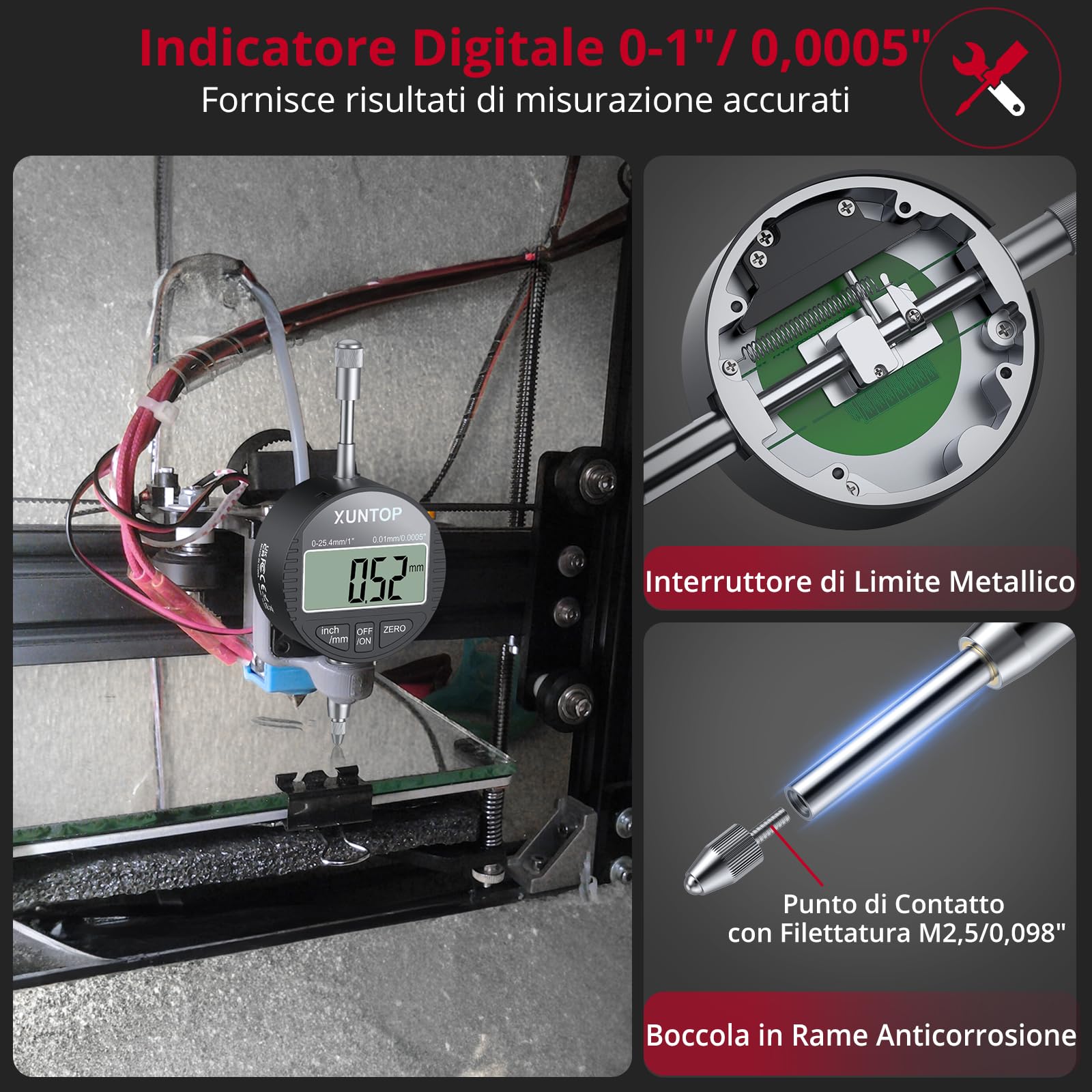 XUNTOP Comparatore digitale Comparatore Digitale Comparatore Quadrante Digital Dial Indicator - Base Magnetica 80KG Supporto Magnetico Braccio Articolato Flessibile Kit Comparatore Precisione 0.01mm