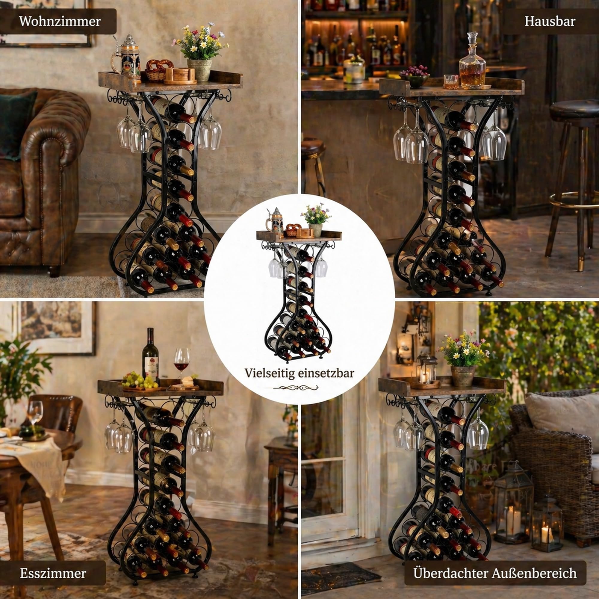 Weinregal Freistehend für 14 Flaschen, Weinflaschenhalter aus Metall mit Glashalter für 4 Gläser und Holzplatte, Flaschenregal Weinständer im Vintage-Design für Küche, Wohnzimmer, Hausbar