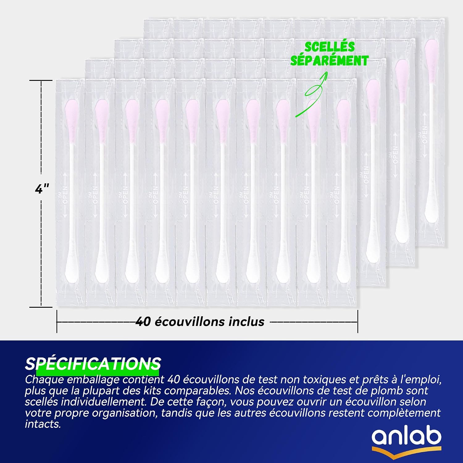 anlab™ Lead Test Kit | Rapid Results in Less Than 30 Seconds | All-in-One, No Vinegar Needed | Check Lead in Painted Surfaces, Wood, Metal & More | Disposable Cotton Swabs - (40 Count)